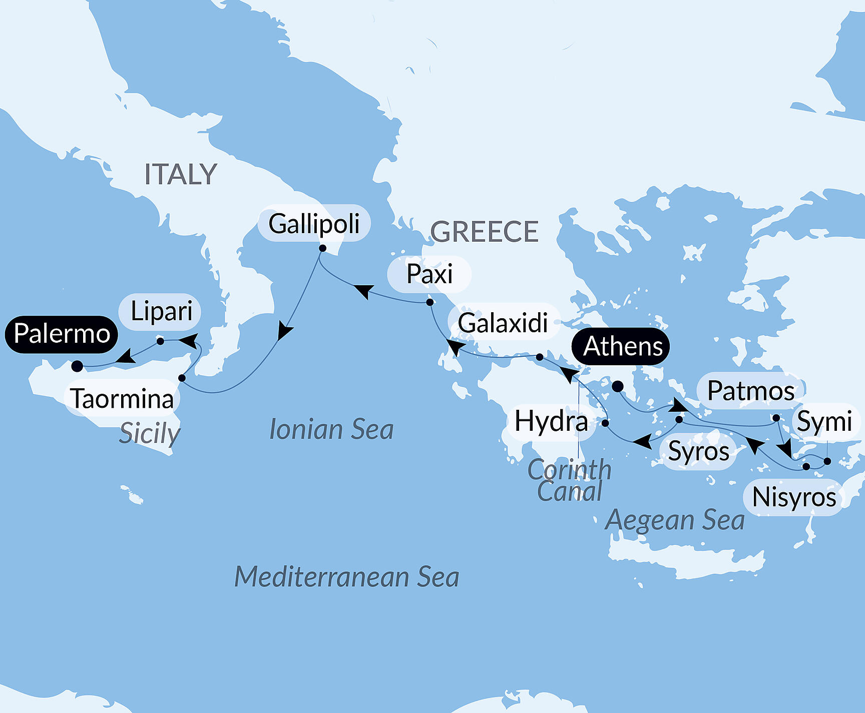 Official PONANT route map for Escapade between Greek islands and Italian treasures aboard Le Bougainville, Voyage EG030828