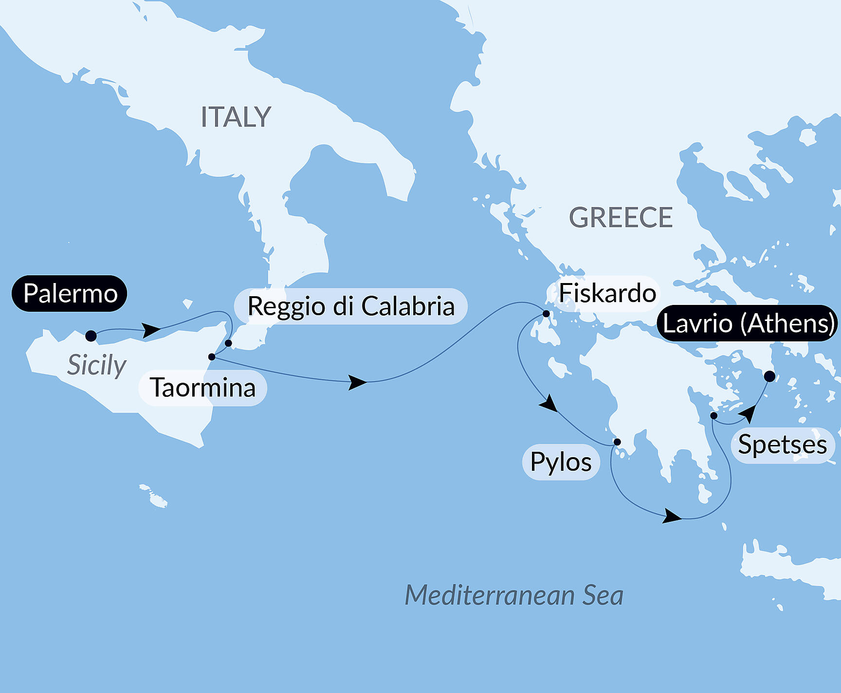 Official PONANT route map for Under Sail from Sicily to the Greek Islands aboard Le Ponant, Voyage PO090628