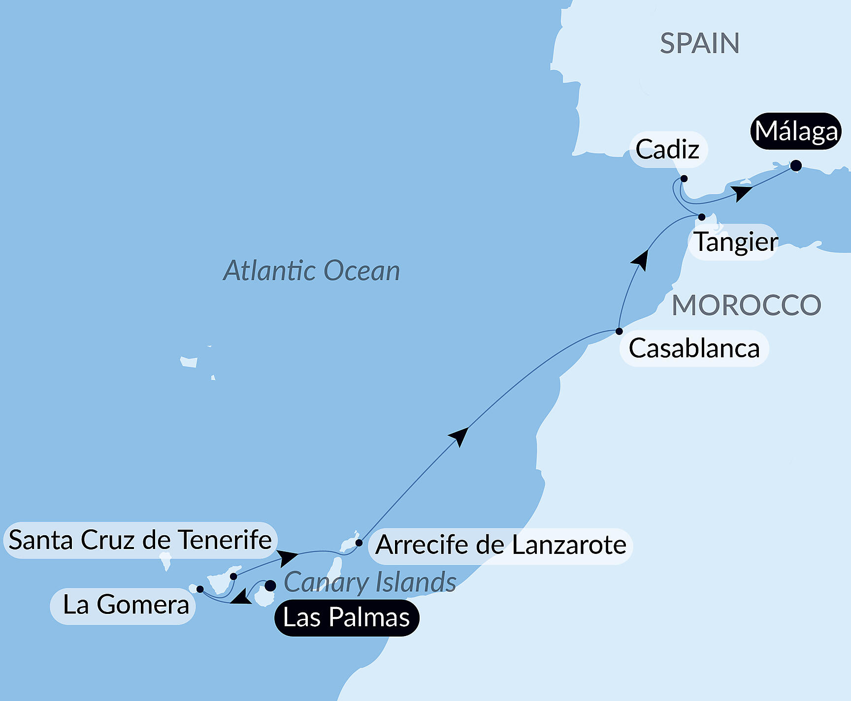 Official PONANT route map for Canary Islands, Morocco and the Iberian Peninsula aboard Le Dumont d'Urville, Voyage EU030428