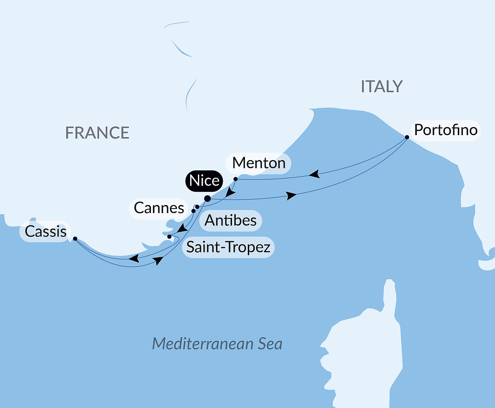 Official PONANT route map for The French Riviera Under Le Ponant’s Sails aboard Le Ponant, Voyage PO120528