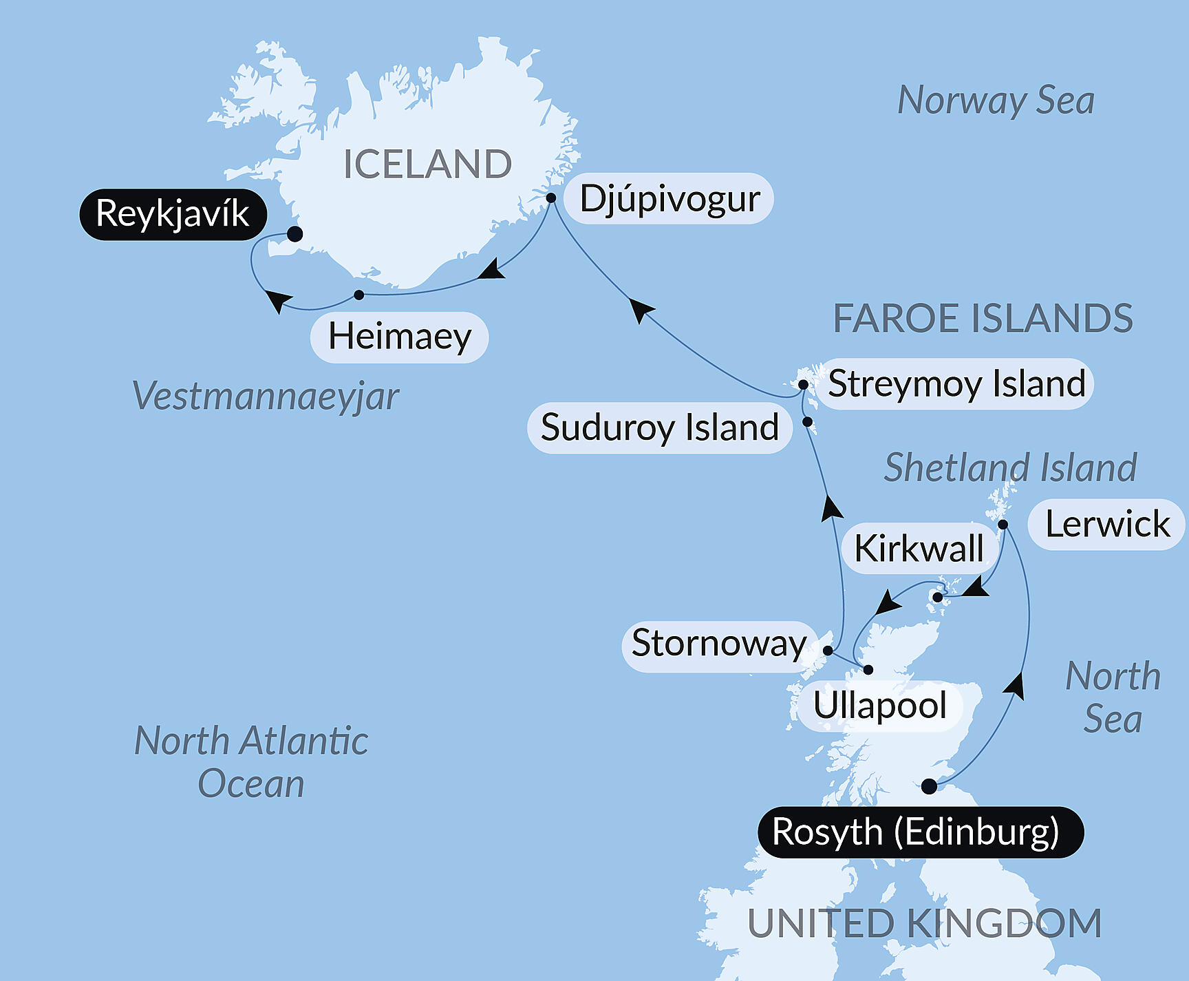 Official PONANT route map for Wild lands of Scotland, the Faroe Islands and Iceland aboard Le Boréal, Voyage BO250628