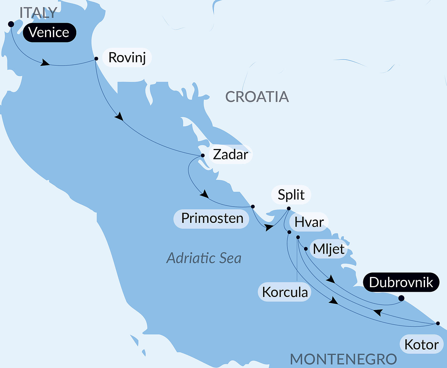 Official PONANT route map for Natural Wonders and Cultural Jewels of Dalmatia aboard Le Dumont d'Urville, Voyage EU230828