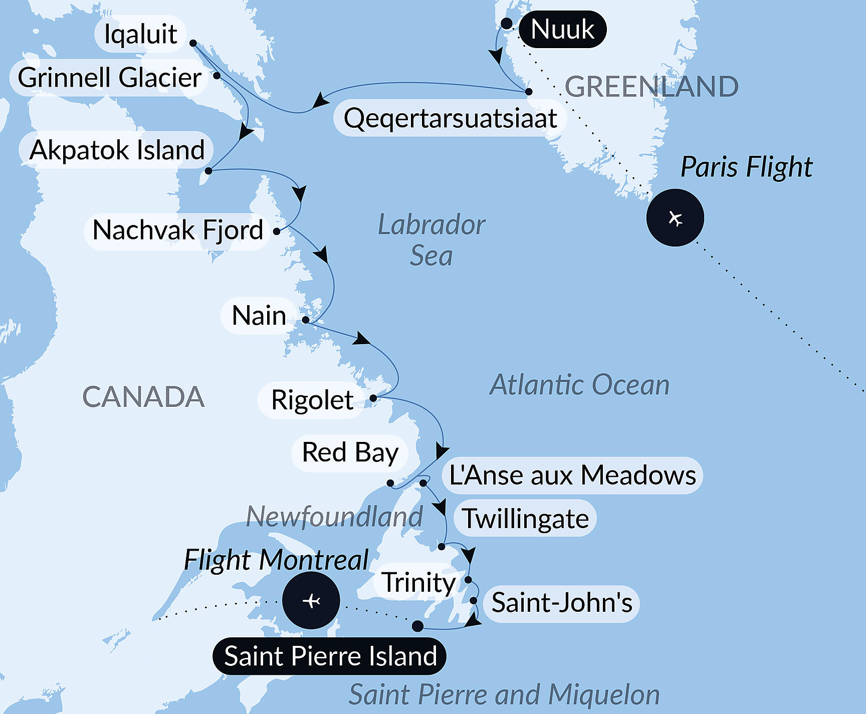Official PONANT route map for Wilderness from Greenland to the East Coast of Canada aboard Le Lyrial, Voyage LY090926