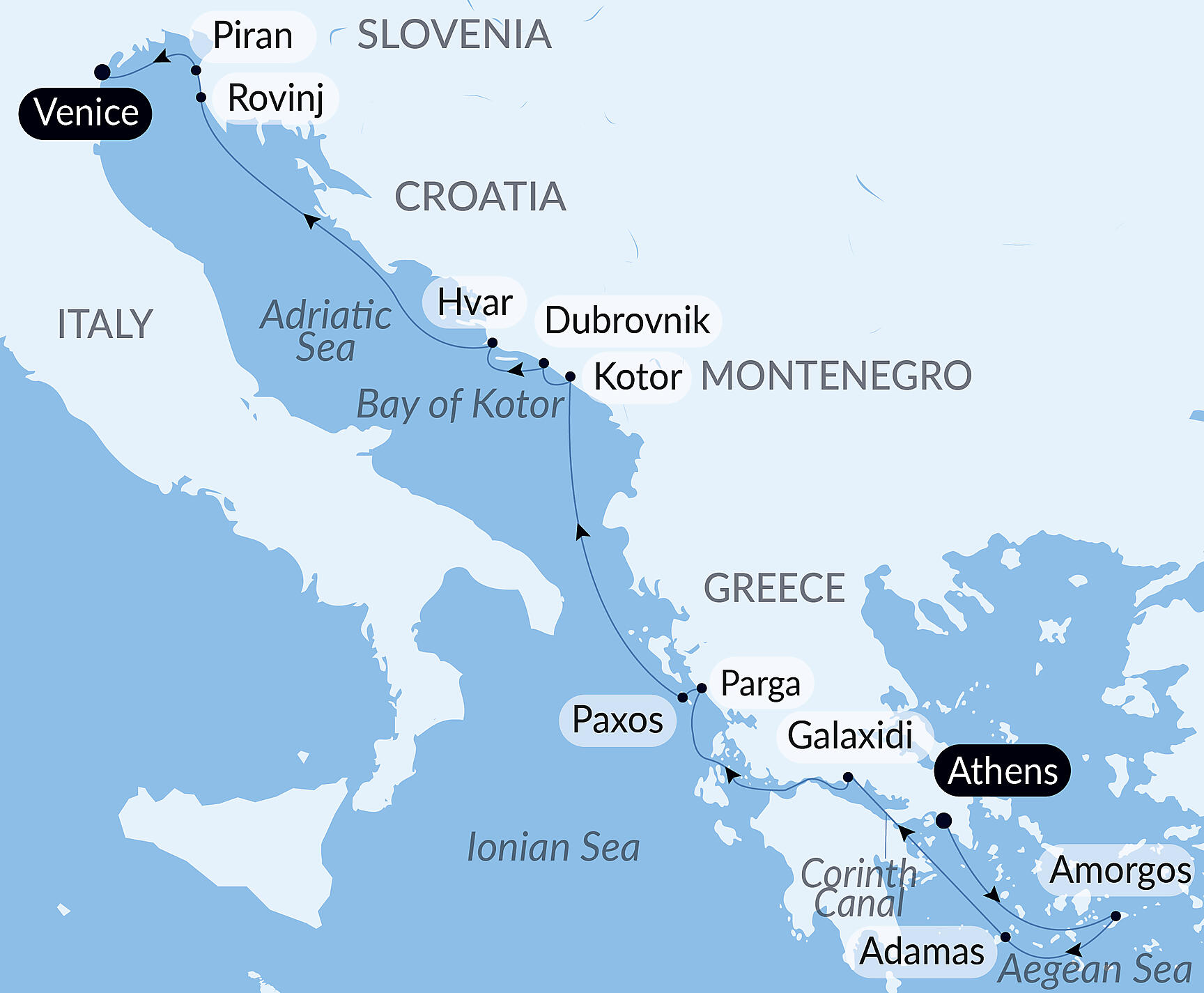 Official PONANT route map for From the city of gods to the canals of Venice aboard Le Dumont d'Urville, Voyage EU150728