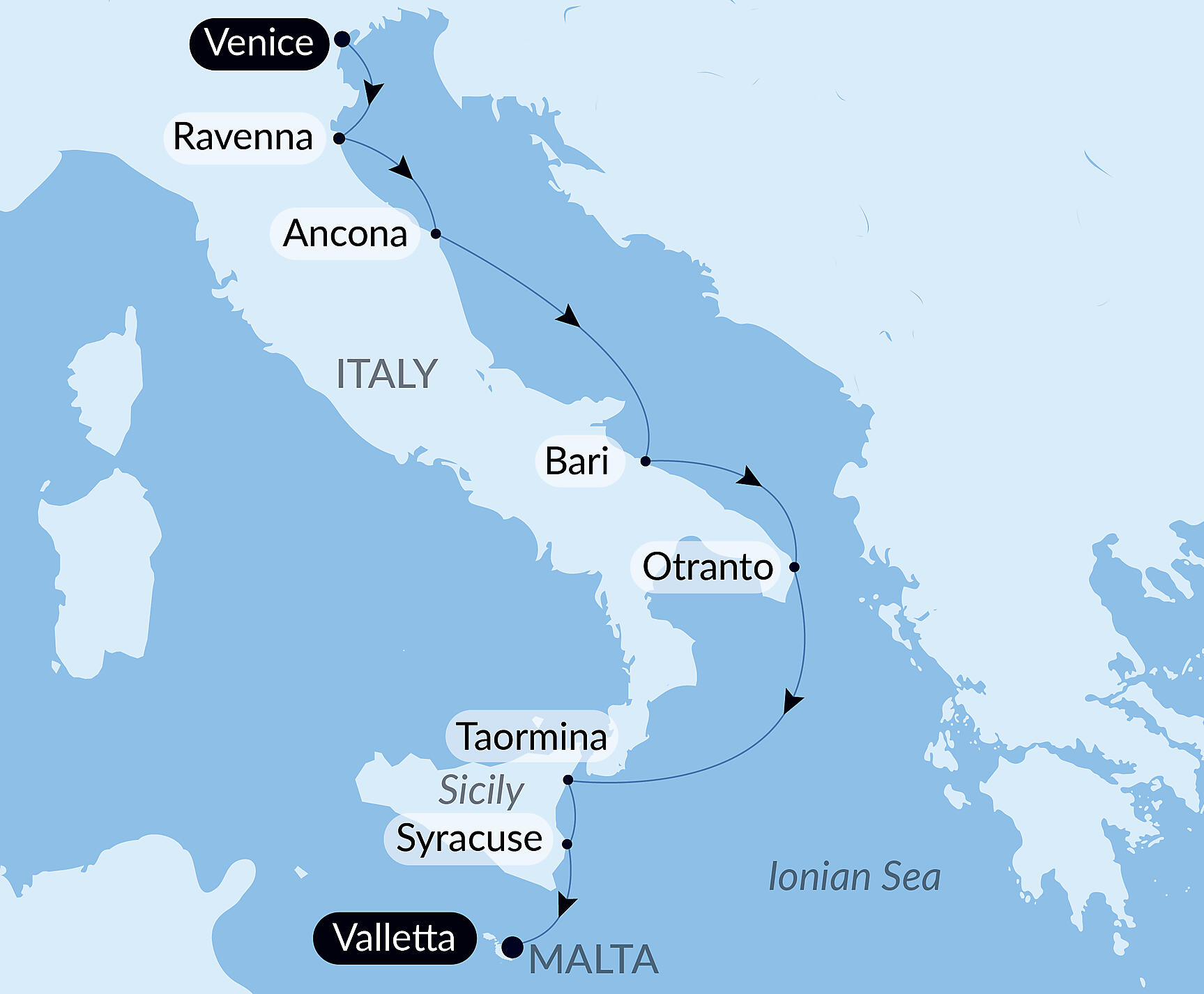 Official PONANT route map for Sailing the Adriatic: Treasures of Eastern Italy and Sicily – with Smithsonian Journeys aboard Le Dumont d'Urville, Voyage EU270928