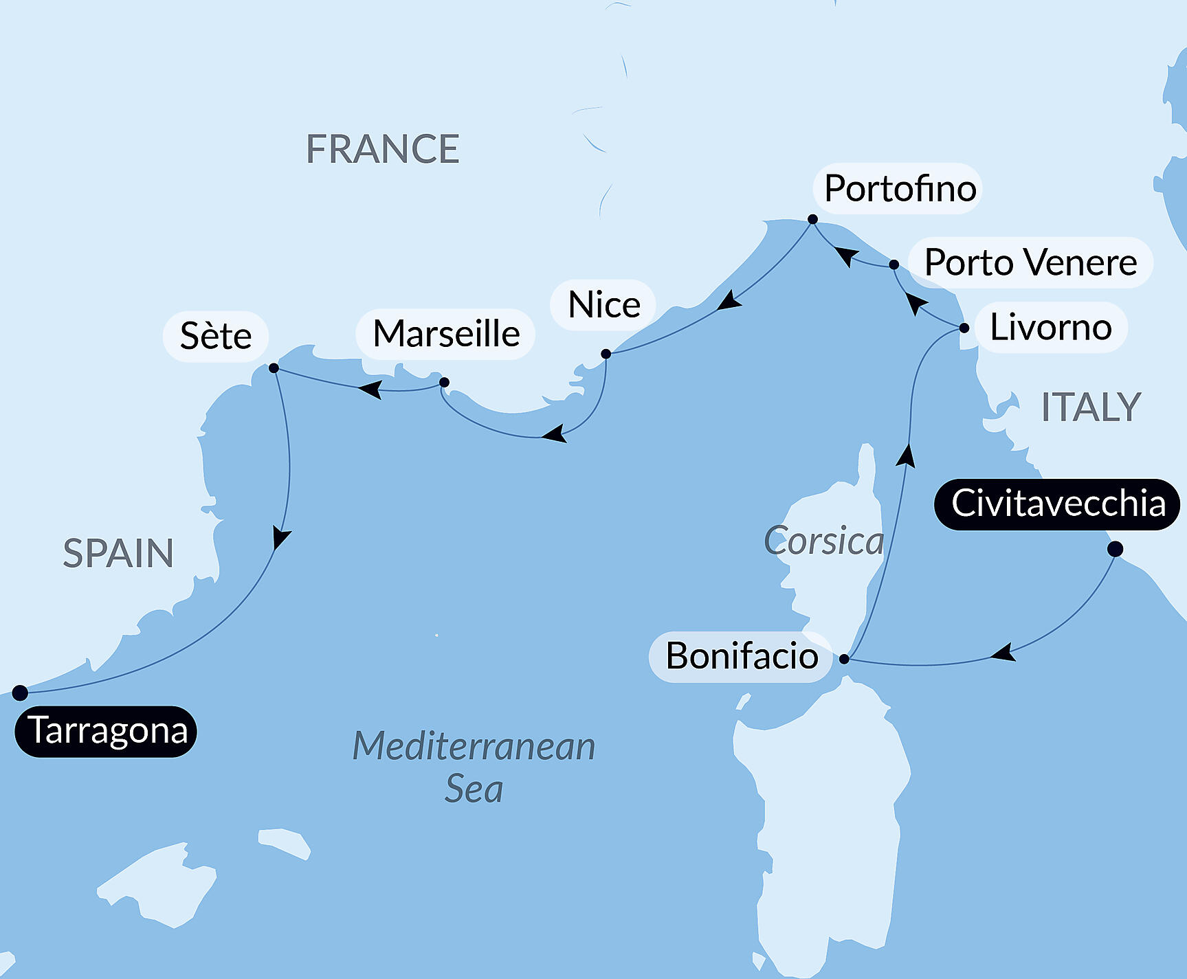 Official PONANT route map for Southern France and the Italian Riviera by Sea – with Smithsonian Journeys aboard Le Dumont d'Urville, Voyage EU211028