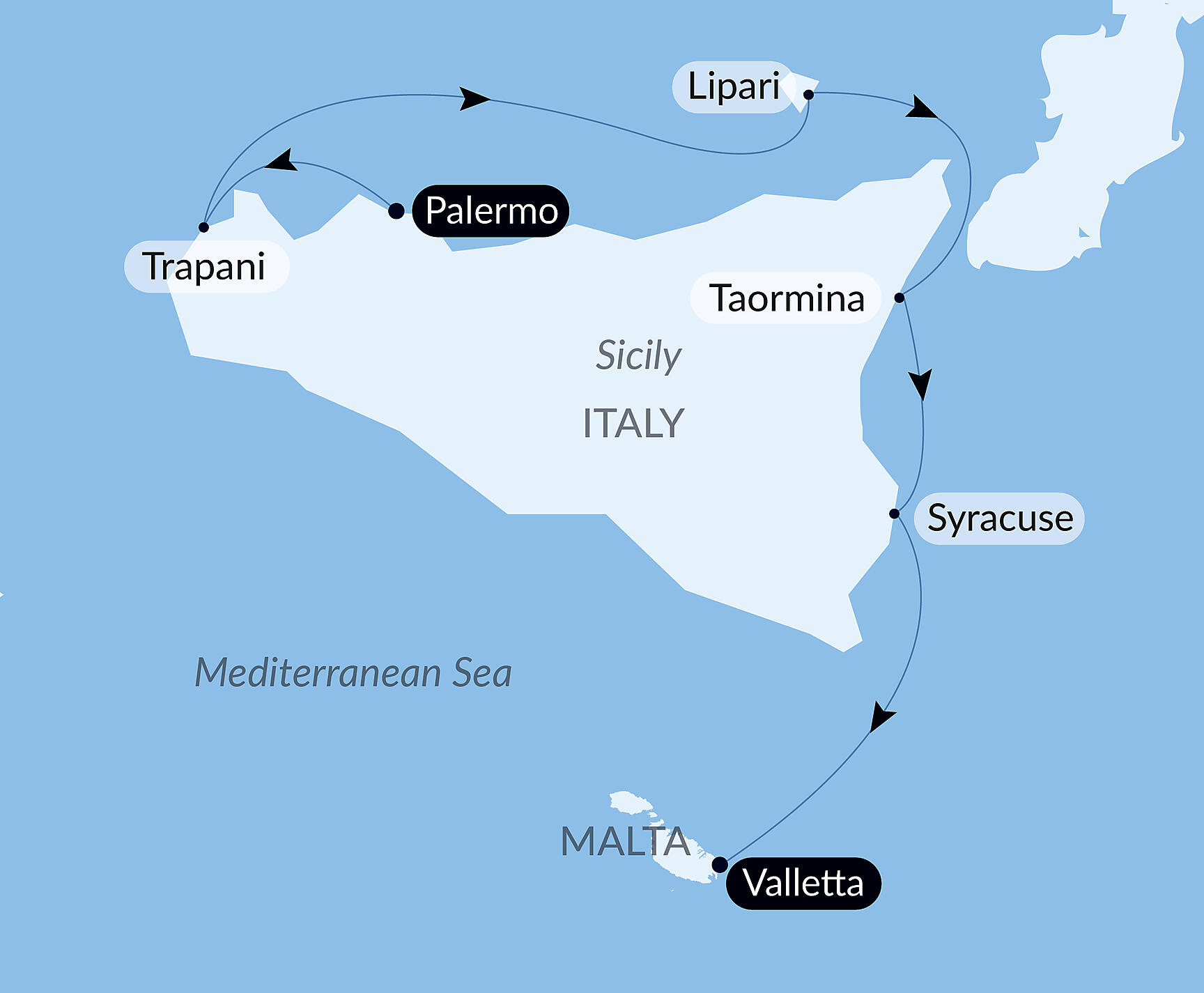 Official PONANT route map for Sicilian interlude aboard L'Austral, Voyage AU150628