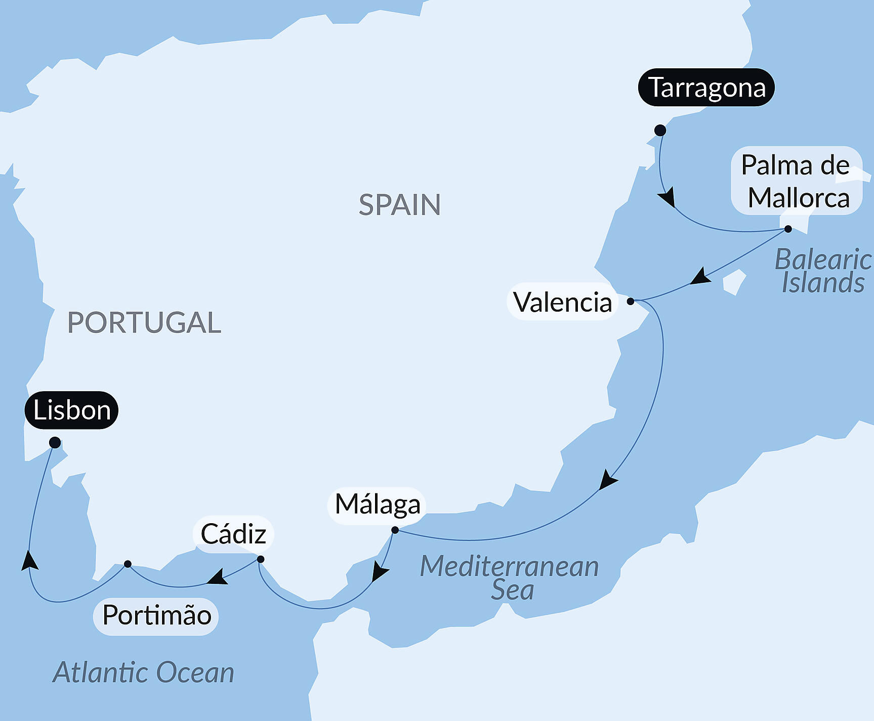 Official PONANT route map for Cruising Southern Spain and Portugal – with Smithsonian Journeys aboard L'Austral, Voyage AU121028