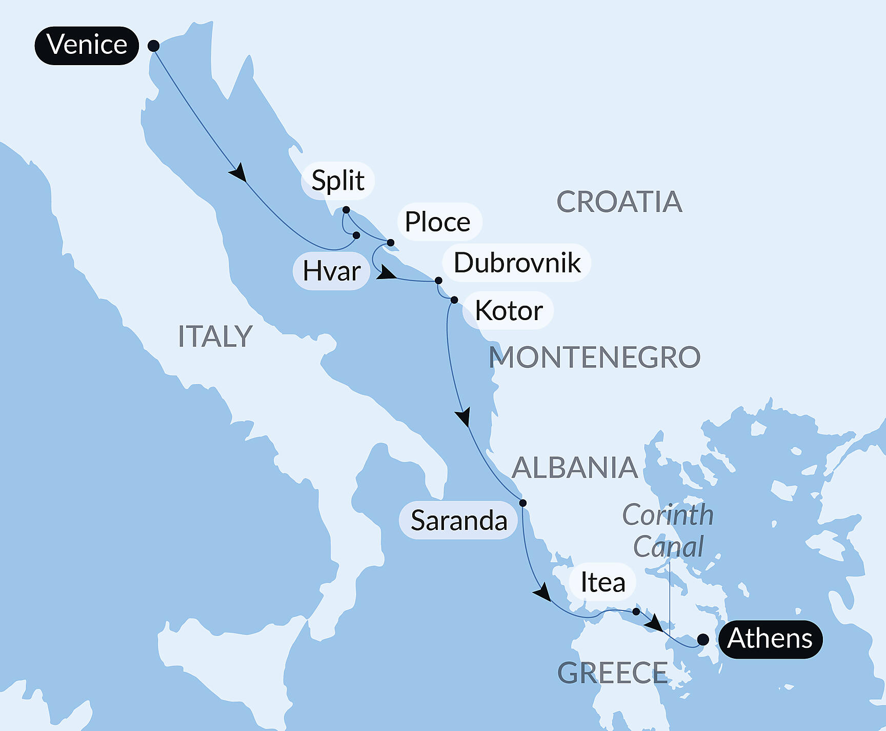 Official PONANT route map for Cruising the Dalmatian Coast and the Ionian Sea: Venice to Athens – with Smithsonian Journeys aboard Le Bougainville, Voyage EG140628