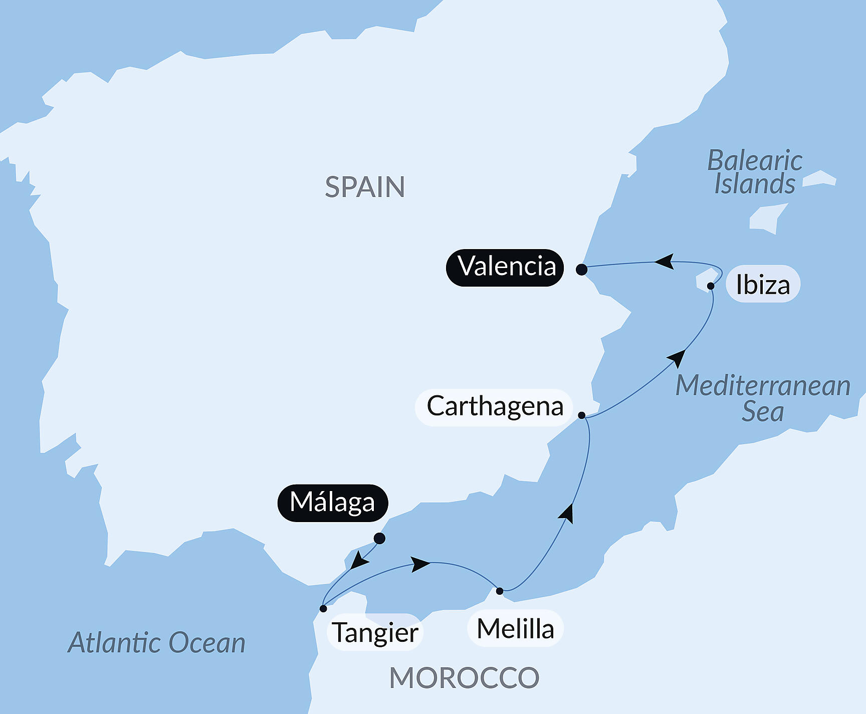 Official PONANT route map for Iberian Peninsula, Balearic Islands and Moroccan shores aboard L'Austral, Voyage AU160428