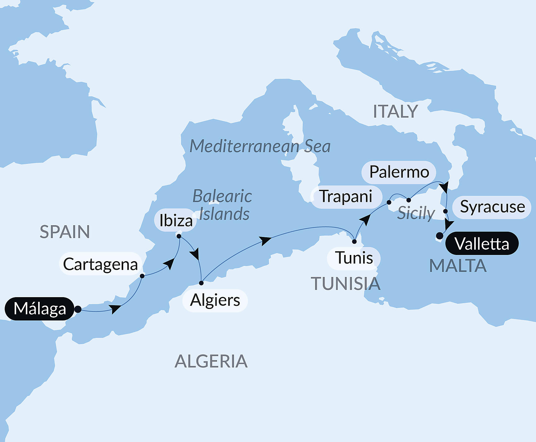 Official PONANT route map for Ancient shores of the Mediterranean aboard Le Dumont d'Urville, Voyage EU110428