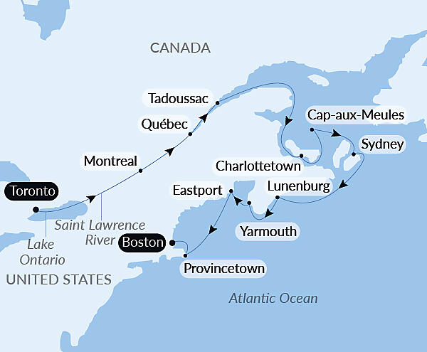 Official PONANT route map for Fall Foliage on the St. Lawrence: Québec to the Canadian Maritimes – with Smithsonian Journeys aboard Le Bellot, Voyage EE260927