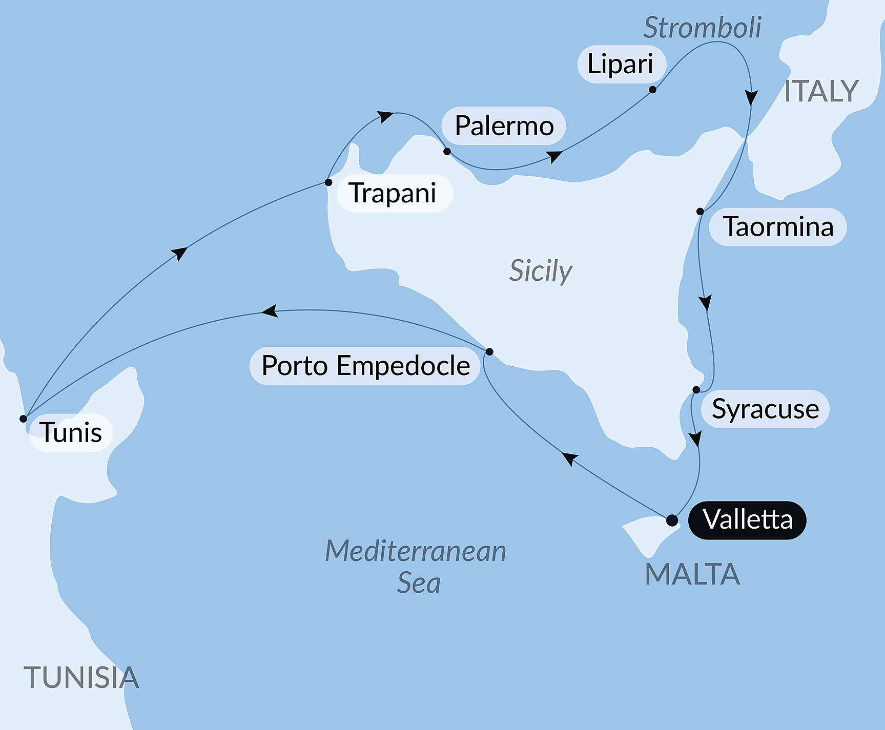 Official PONANT route map for A Circumnavigation of Sicily – with Smithsonian Journeys aboard Le Dumont d'Urville, Voyage EU060528