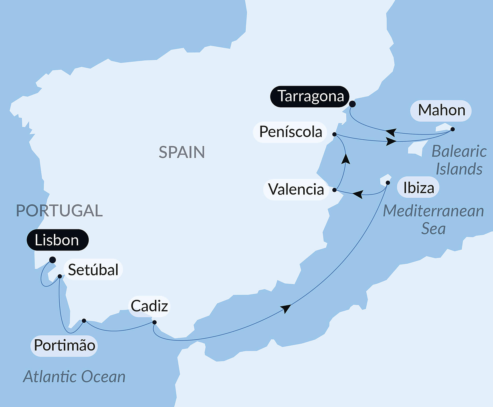 Official PONANT route map for Secrets of the Iberian Peninsula aboard L'Austral, Voyage AU010928