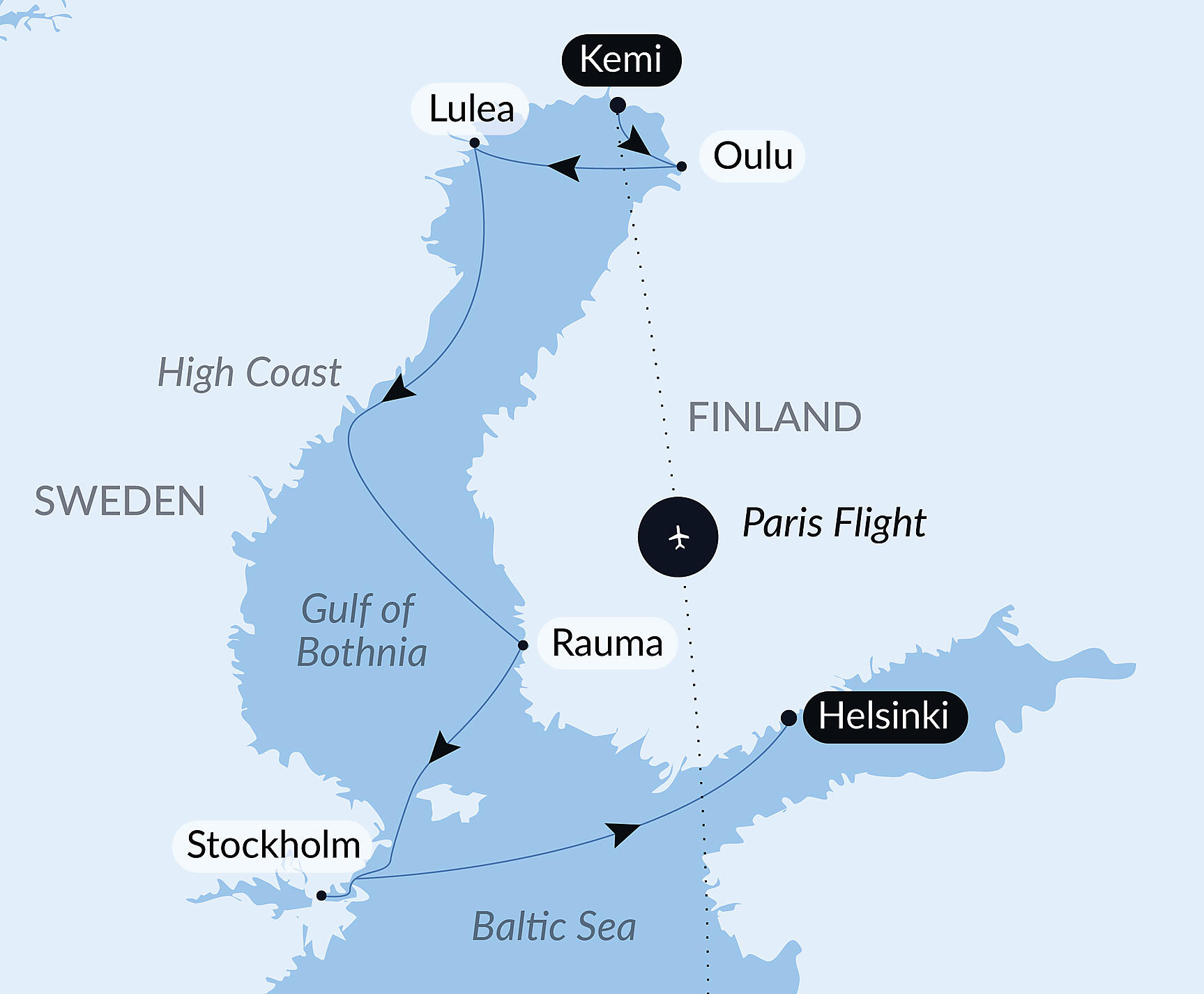 Official PONANT route map for The Gulf of Bothnia, at the Gateway to the Arctic aboard Le Commandant Charcot, Voyage CC150127