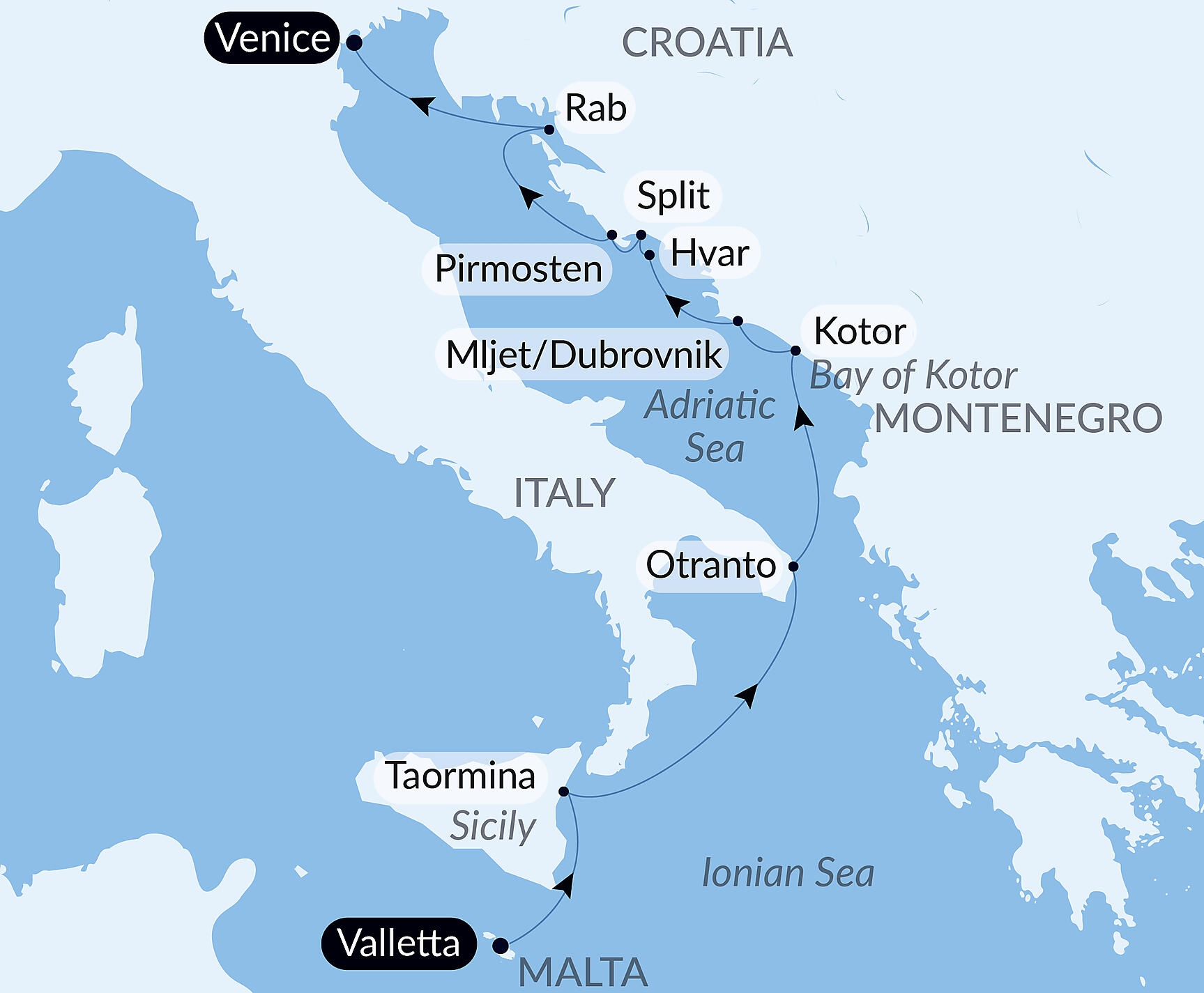 Official PONANT route map for From Malta to the shores of the Adriatic aboard Le Champlain, Voyage EC070828