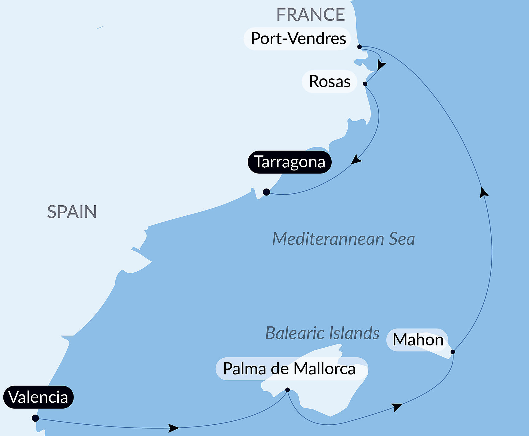 Official PONANT route map for Catalonia and the Balearic Islands aboard L'Austral, Voyage AU210428