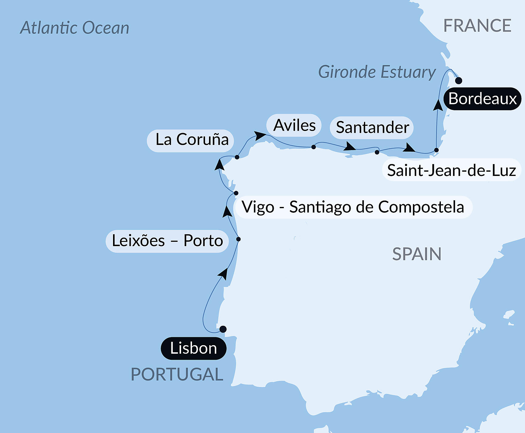 Official PONANT route map for Green Shores: Exploring the Bay of Biscay and Iberian Coastline aboard L'Austral, Voyage AU140828