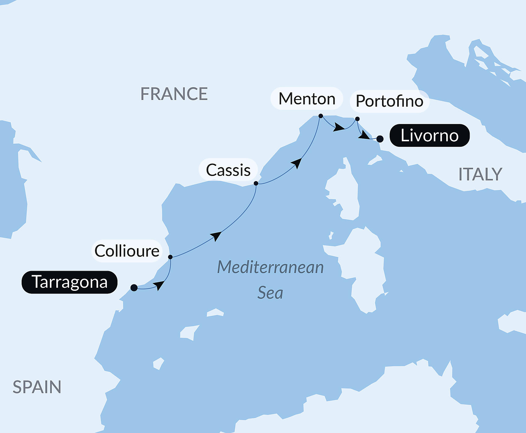 Official PONANT route map for From the Catalan shores to the Italian coastlines aboard L'Austral, Voyage AU100928