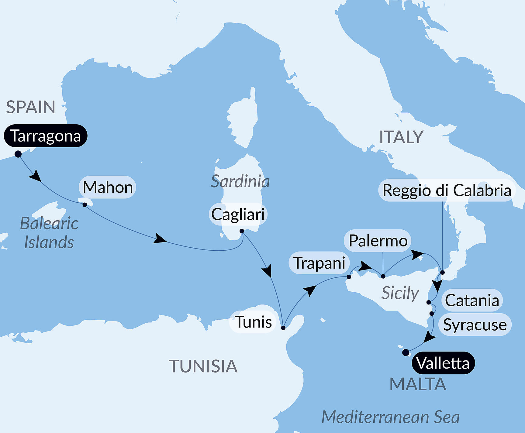 Official PONANT route map for Culture and islands of the Mediterranean aboard Le Bougainville, Voyage EG060428