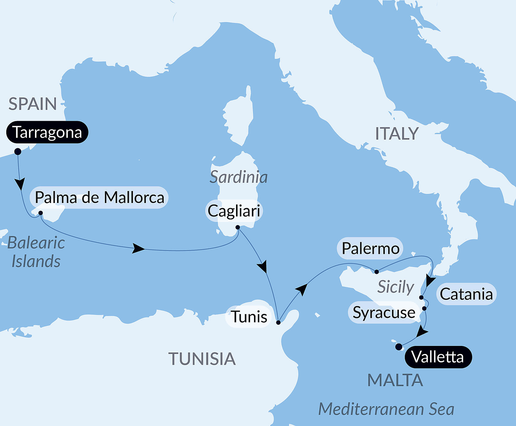 Official PONANT route map for Culture and islands of the Mediterranean aboard Le Dumont d'Urville, Voyage EU291028