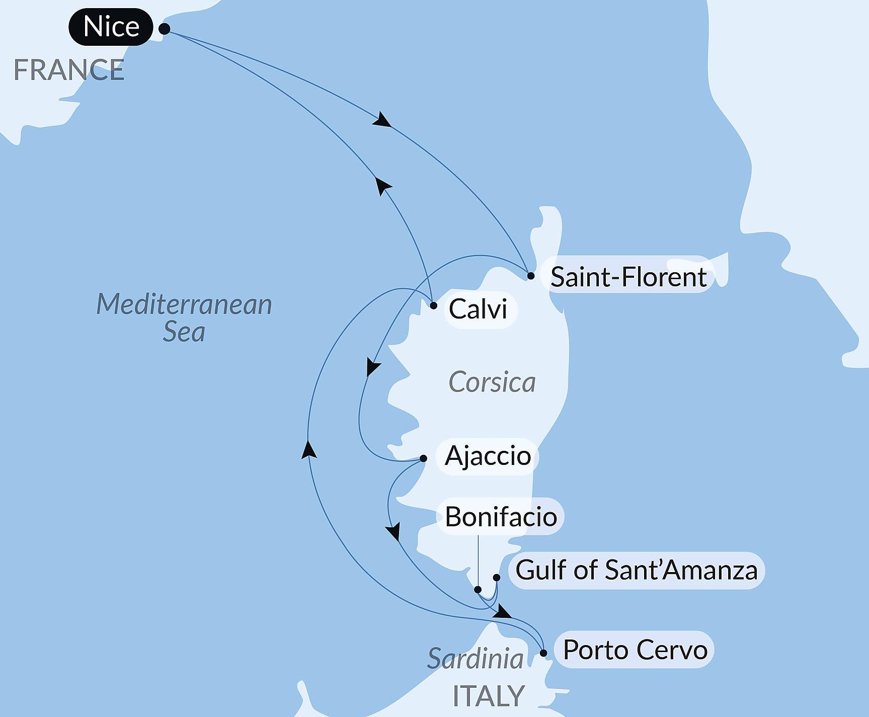 Official PONANT route map for Corsican Shores, Under Sail Aboard Le Ponant aboard Le Ponant, Voyage PO080928