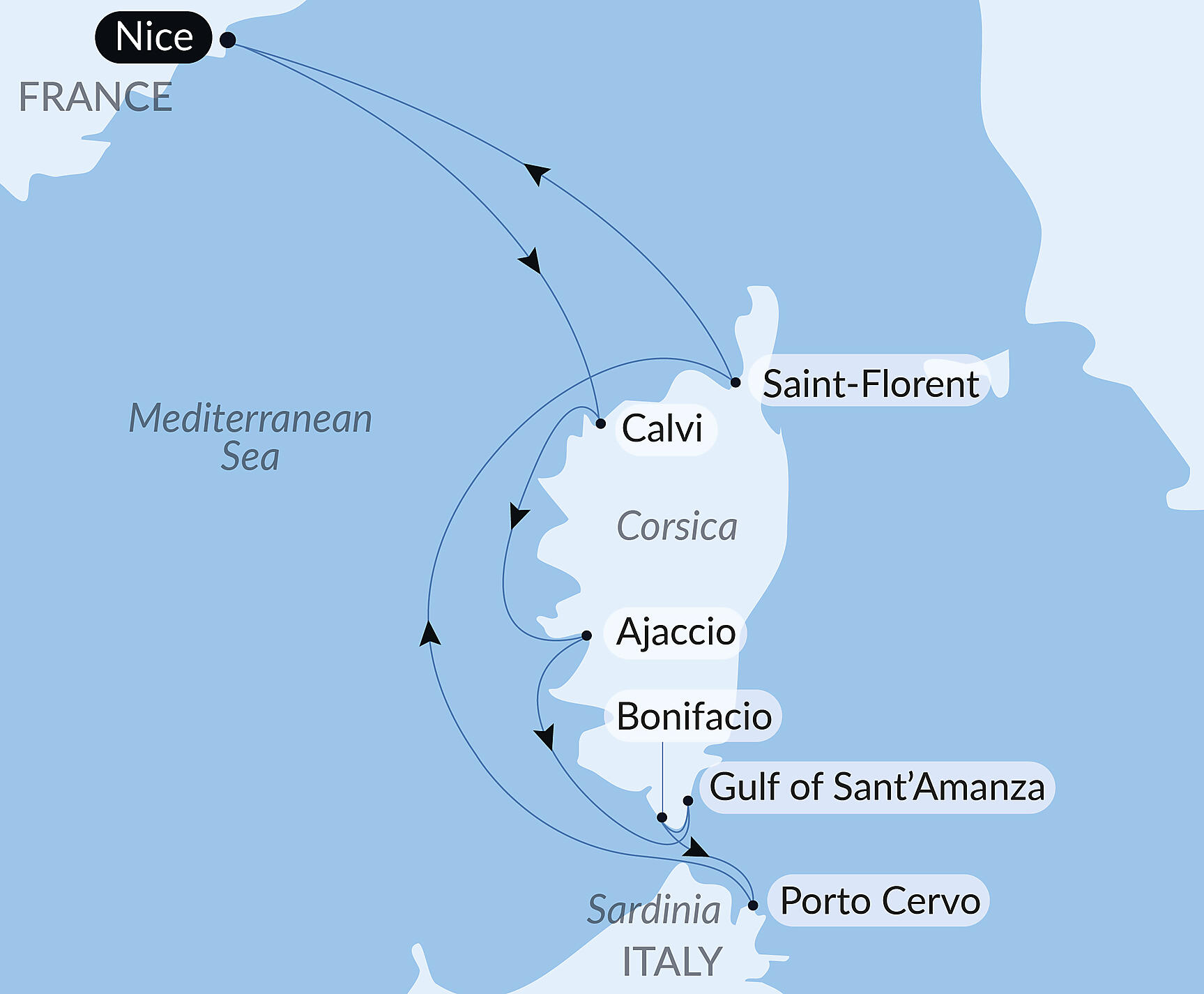 Official PONANT route map for Corsican Shores, Under Sail Aboard Le Ponant aboard Le Ponant, Voyage PO220928