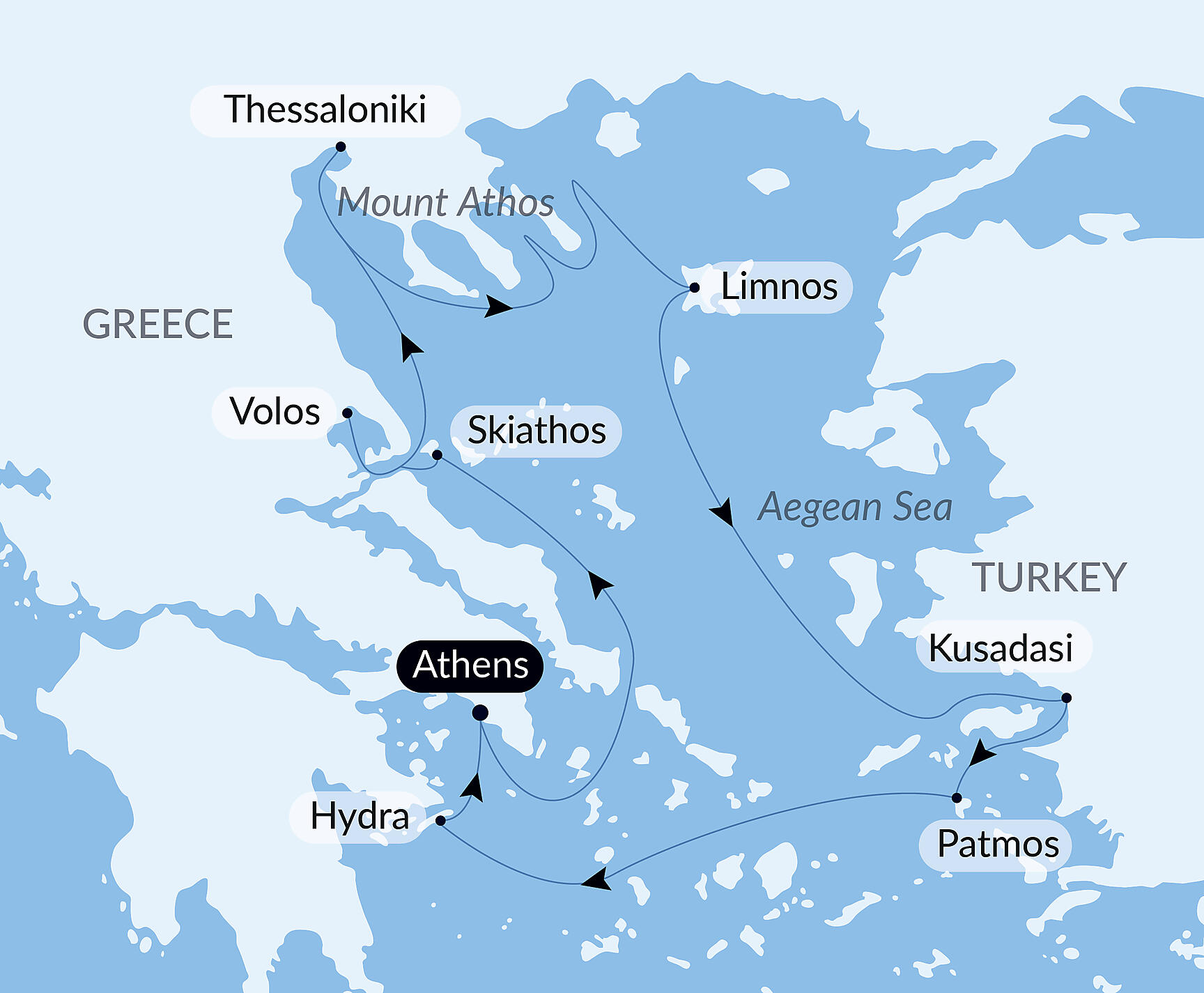 Official PONANT route map for Greek Coast & Aegean Islands aboard Le Champlain, Voyage EC121028