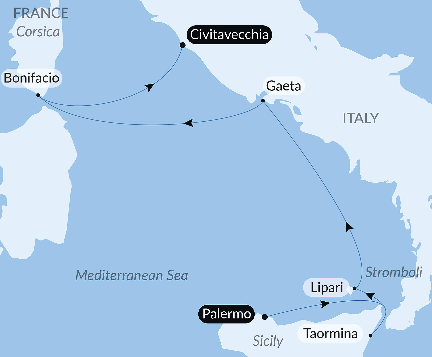 Official PONANT route map for Historic cities and Mediterranean shores aboard Le Bougainville, Voyage EG140828