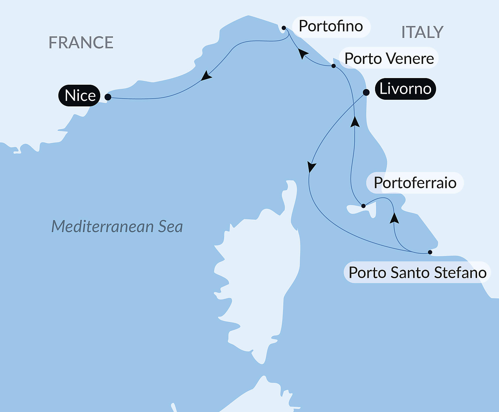 Official PONANT route map for Tuscany, Liguria and the French Riviera aboard Le Dumont d'Urville, Voyage EU260528