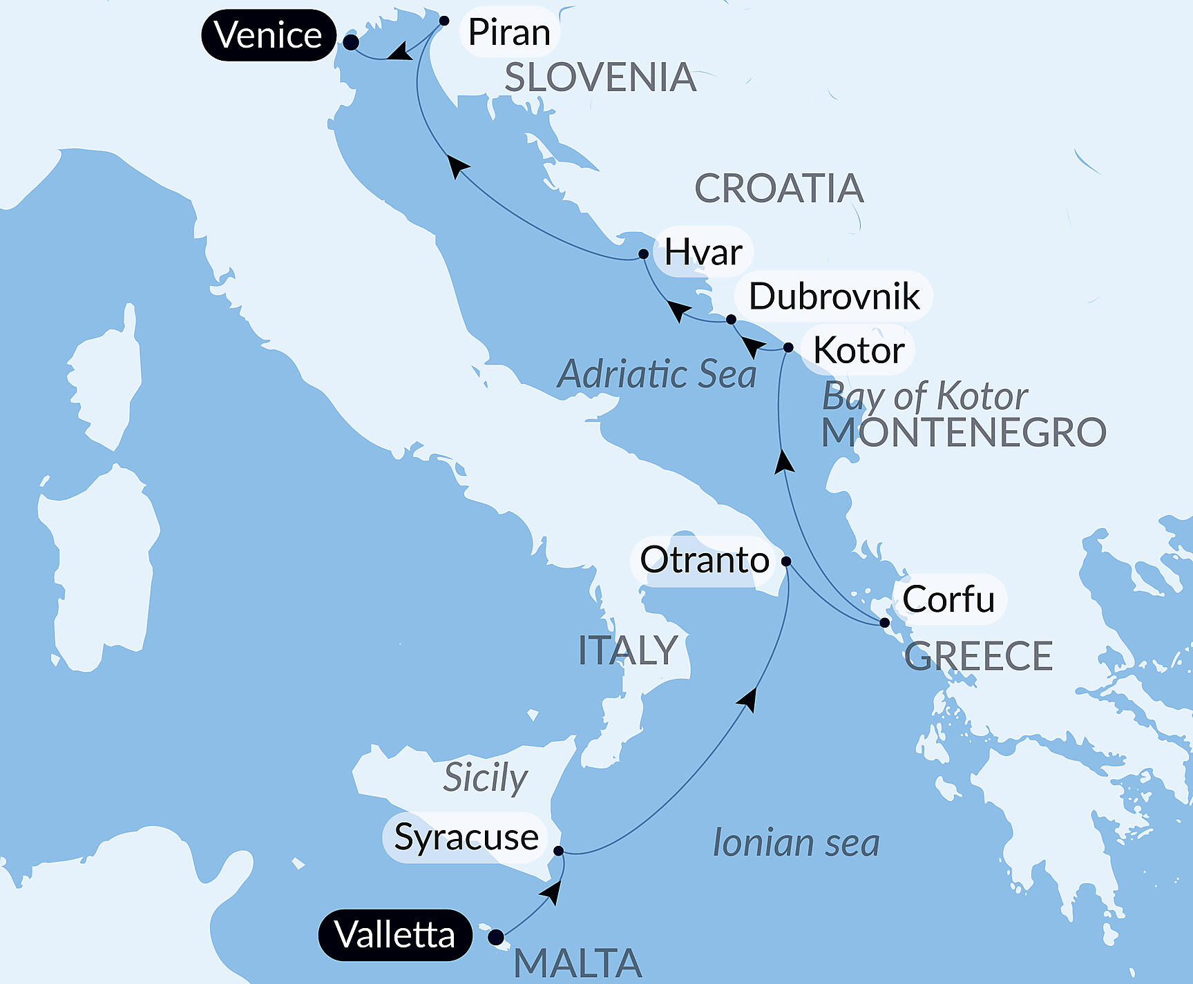 Official PONANT route map for From Malta to the shores of the Adriatic aboard Le Bougainville, Voyage EG150528
