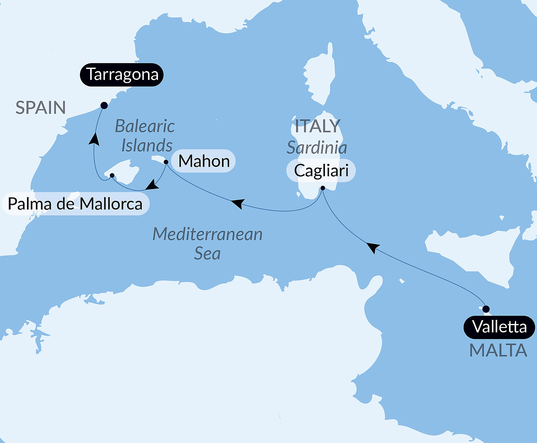 Official PONANT route map for Sardinia and the Balearic Islands aboard L'Austral, Voyage AU280628