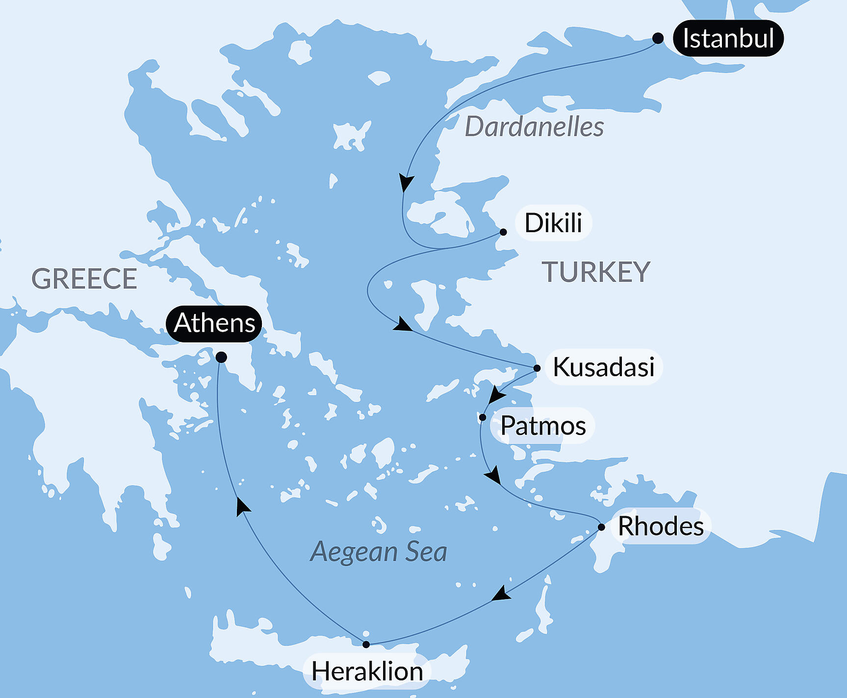Official PONANT route map for Ancient Treasures of the Mediterranean aboard Le Lapérouse, Voyage ER151227