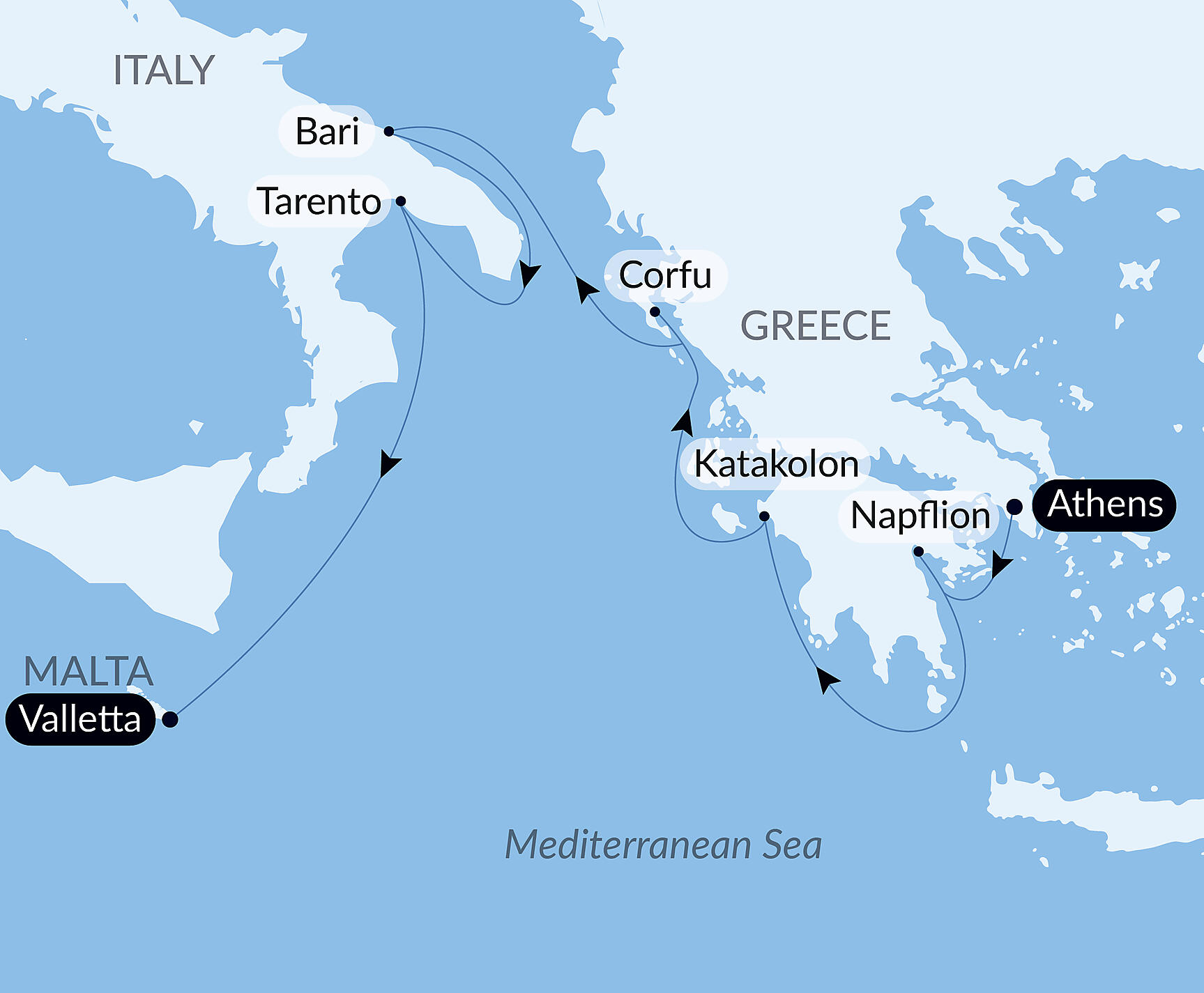Official PONANT route map for Ancient cities of Greece and Italy aboard Le Lapérouse, Voyage ER050128