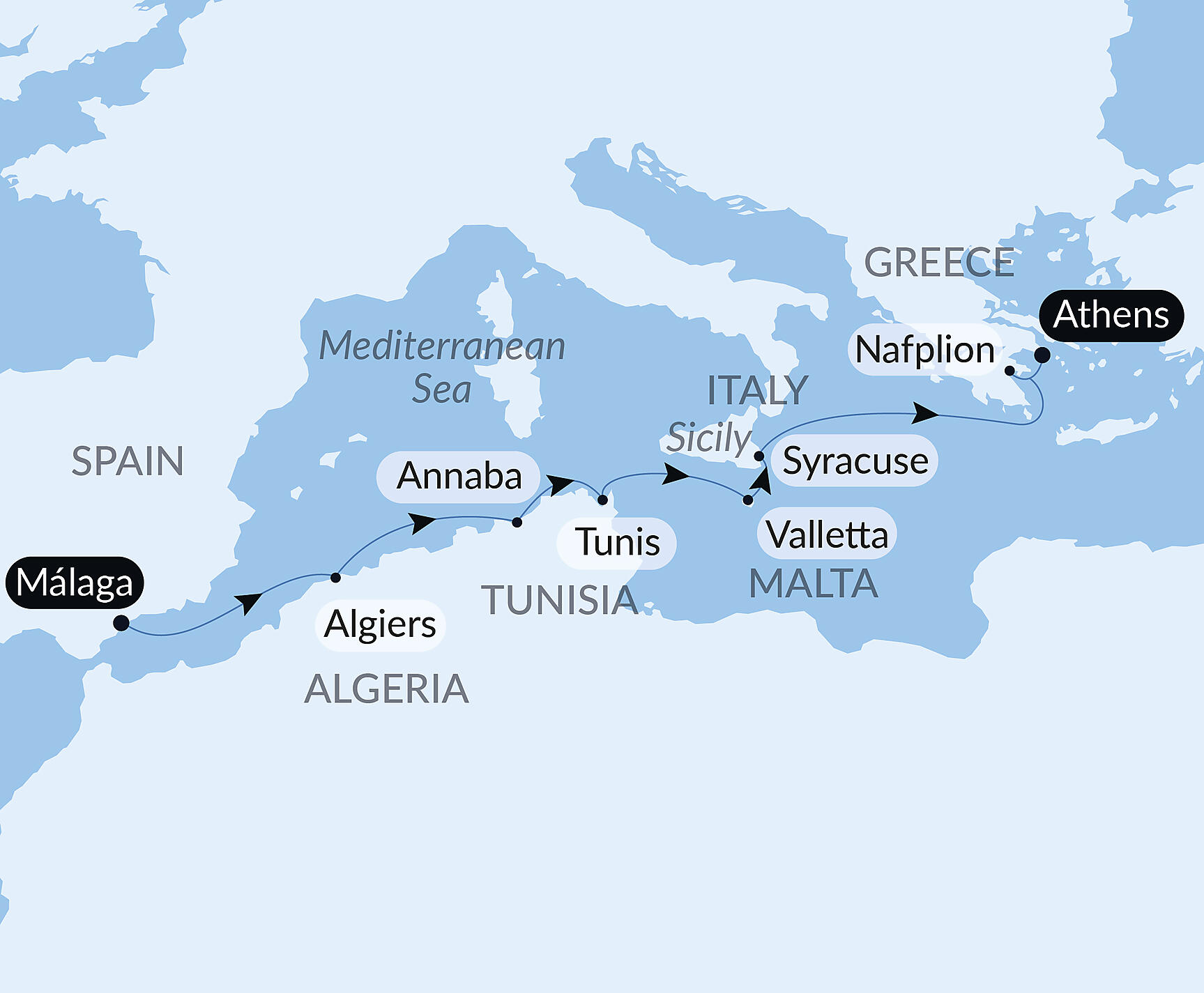 Official PONANT route map for Ancient shores of the Mediterranean aboard Le Lapérouse, Voyage ER011127