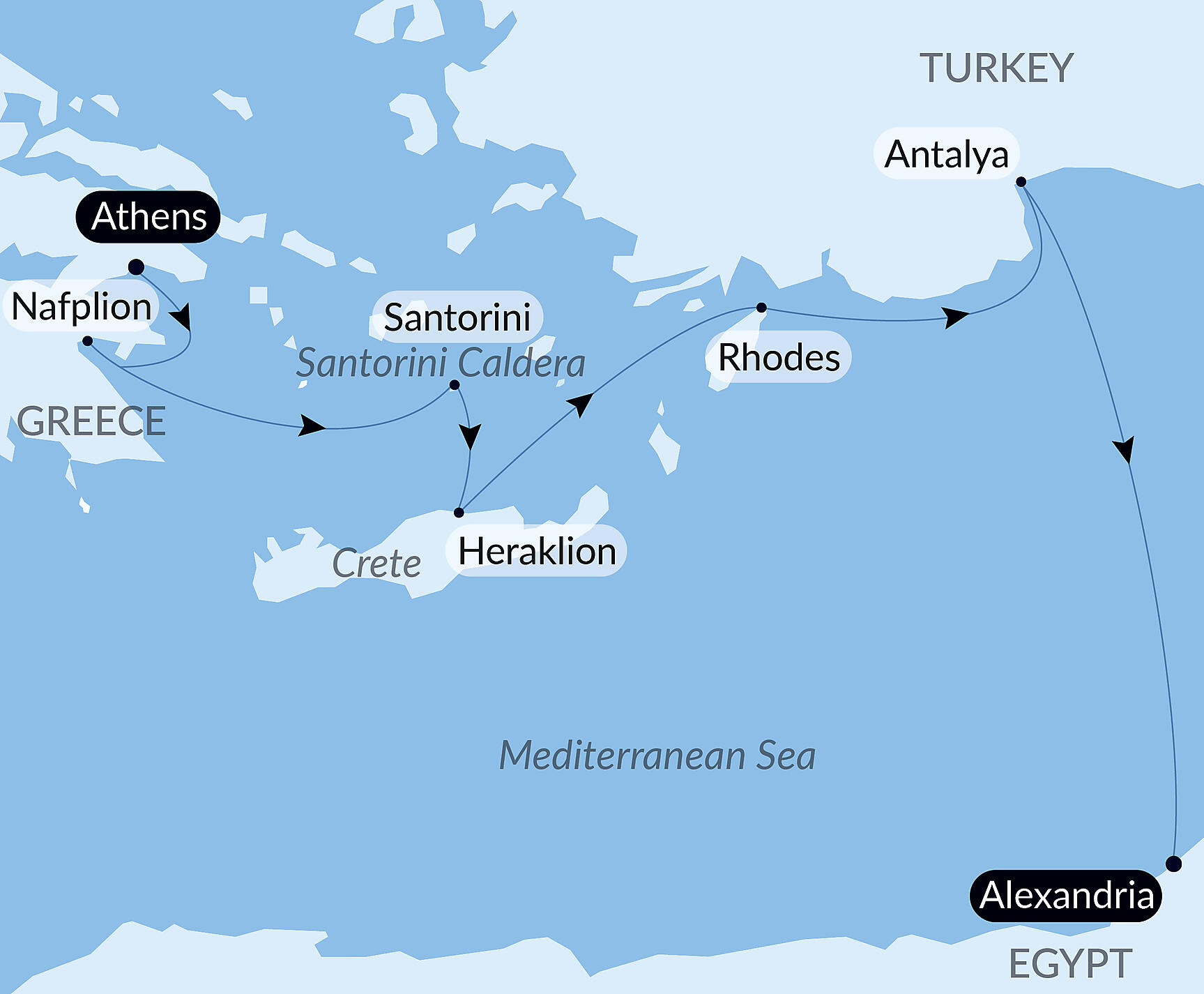 Official PONANT route map for Eastern lights and islands of the Aegean Sea aboard Le Lapérouse, Voyage ER241127