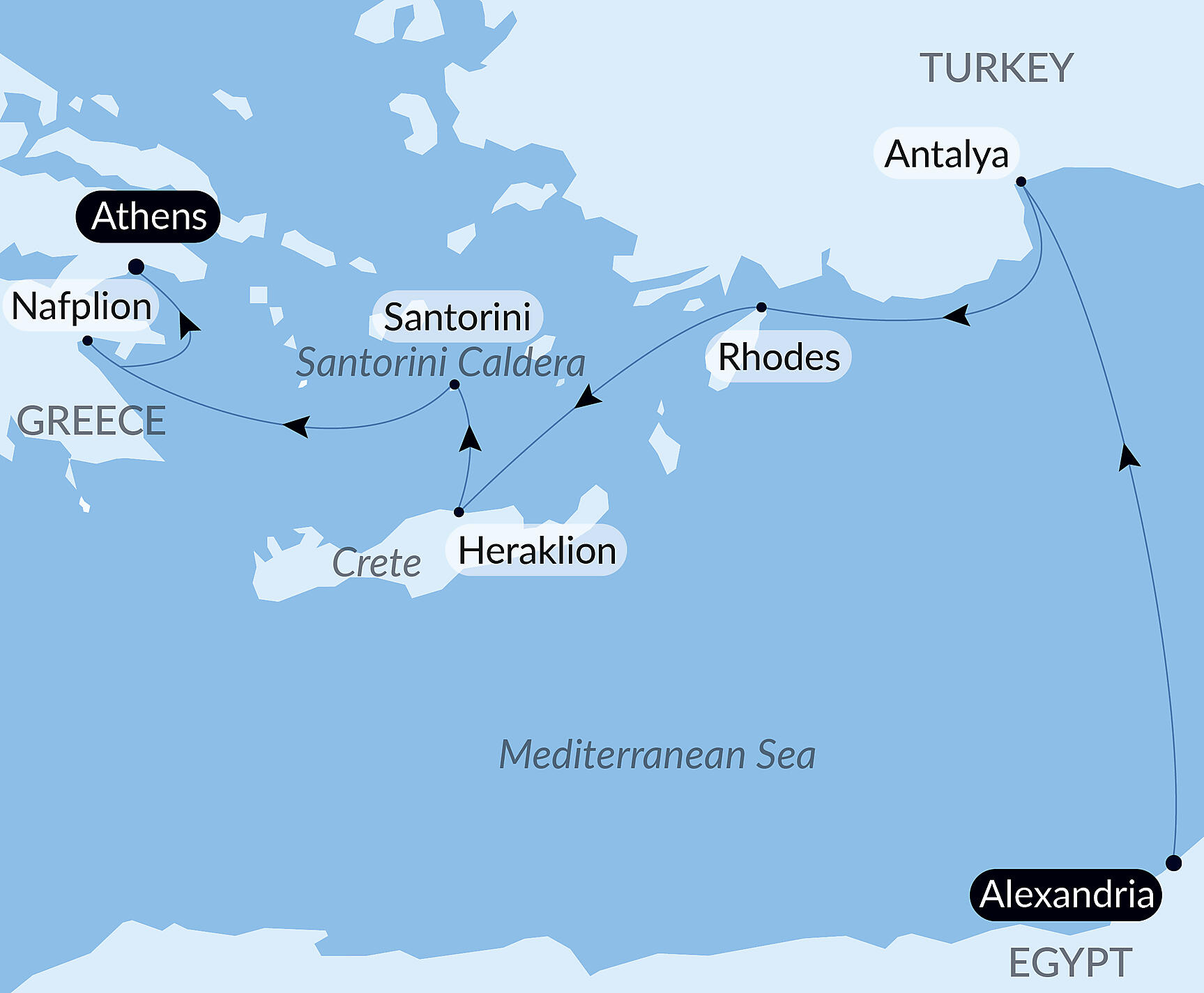 Official PONANT route map for Eastern lights and islands of the Aegean Sea aboard Le Lapérouse, Voyage ER011227