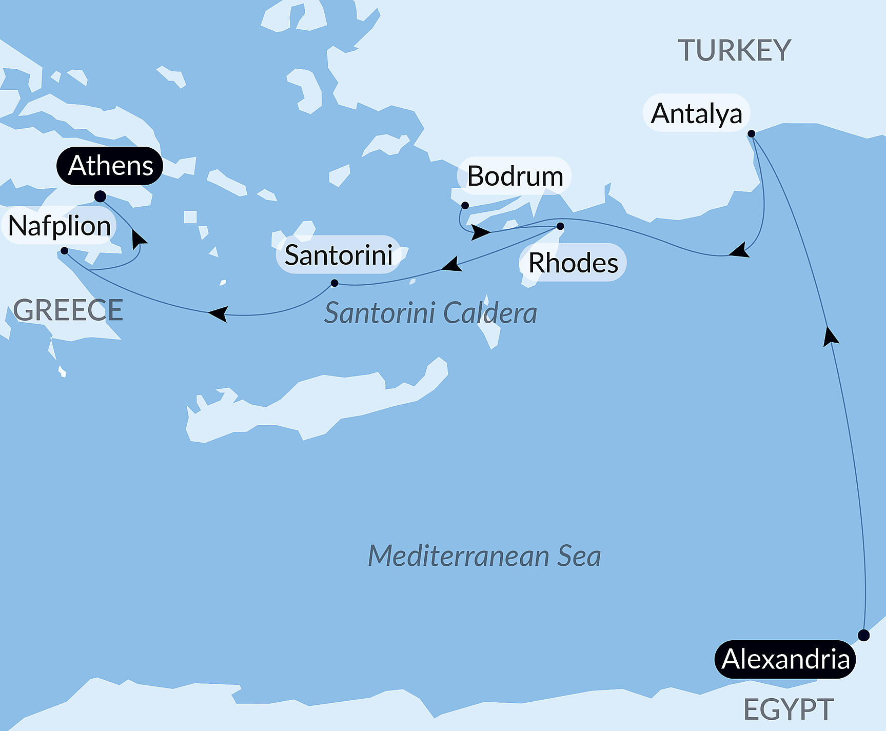 Official PONANT route map for Eastern lights and islands of the Aegean Sea aboard Le Lapérouse, Voyage ER291227