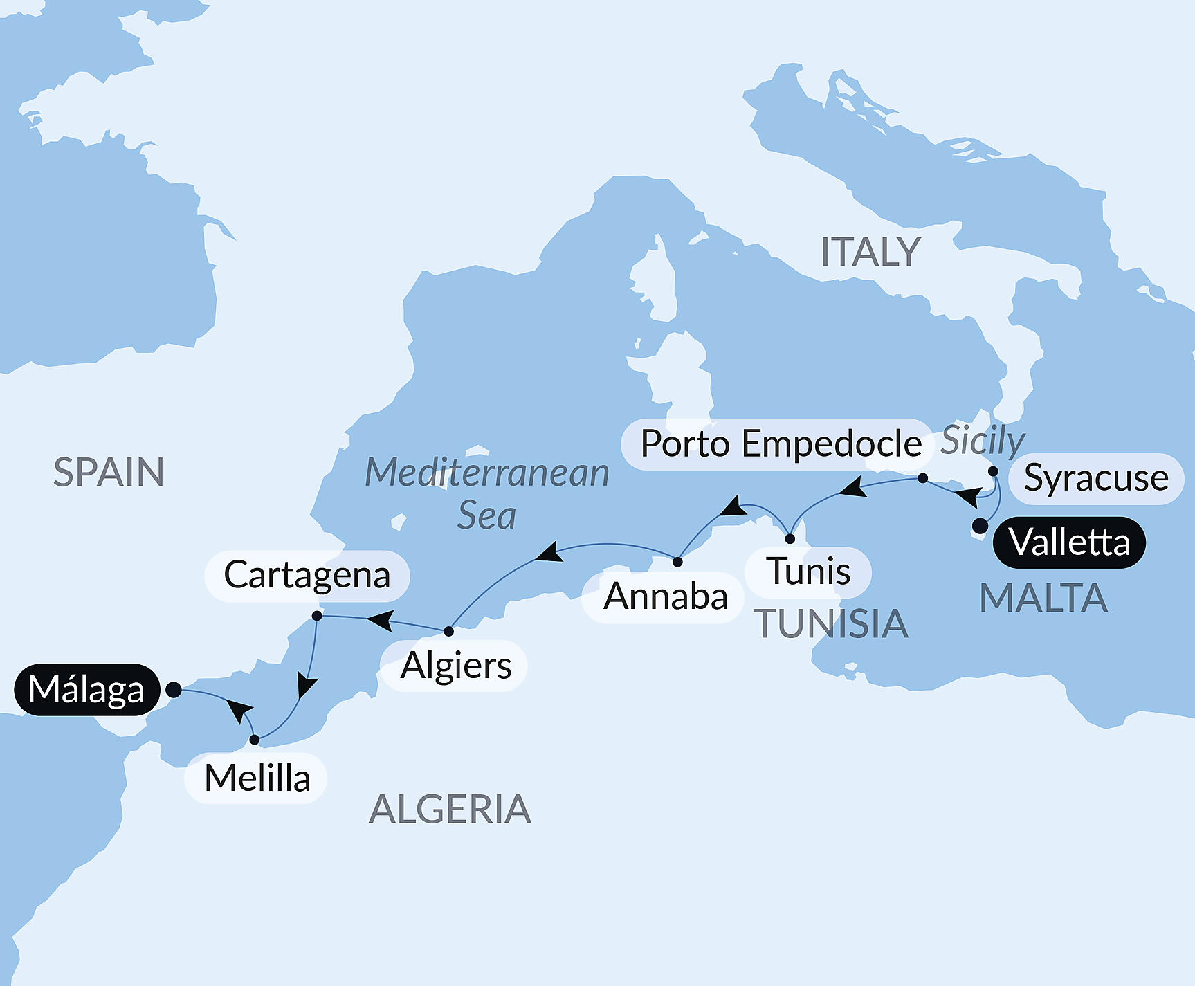 Official PONANT route map for Ancient shores of the Mediterranean aboard Le Lapérouse, Voyage ER120128