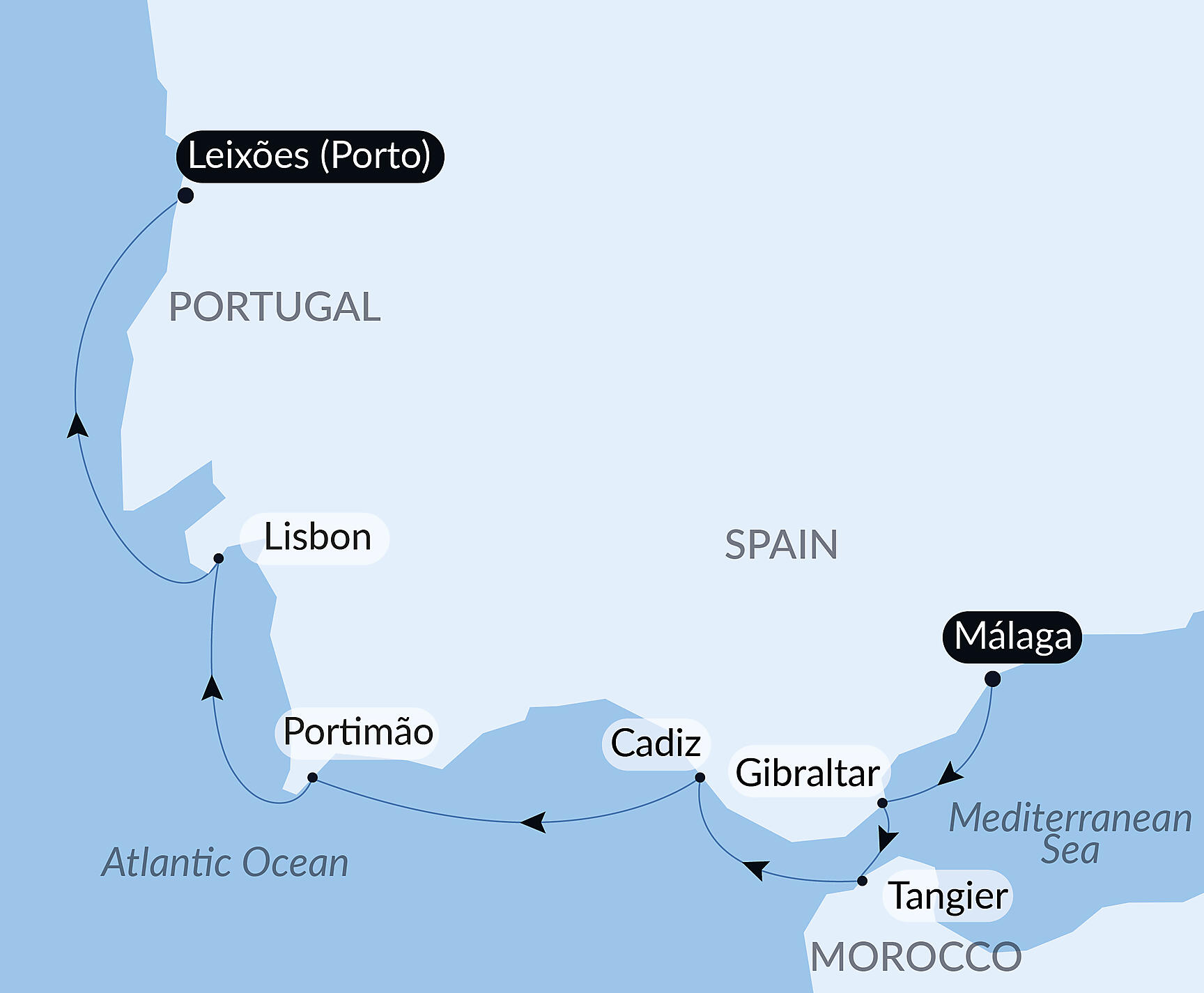 Official PONANT route map for Jazz Festival, between Moroccan shores and Iberian landscapes aboard Le Lapérouse, Voyage ER200128