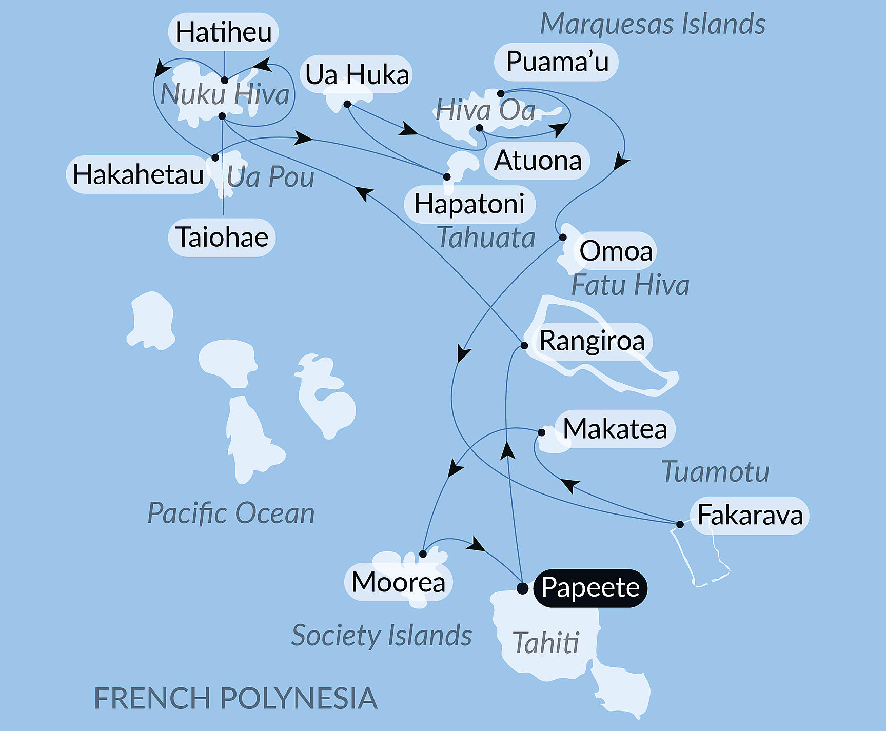 Official PONANT route map for Polynesian Bliss: Marquesas and Tuamotu aboard Le Jacques Cartier, Voyage EX141127