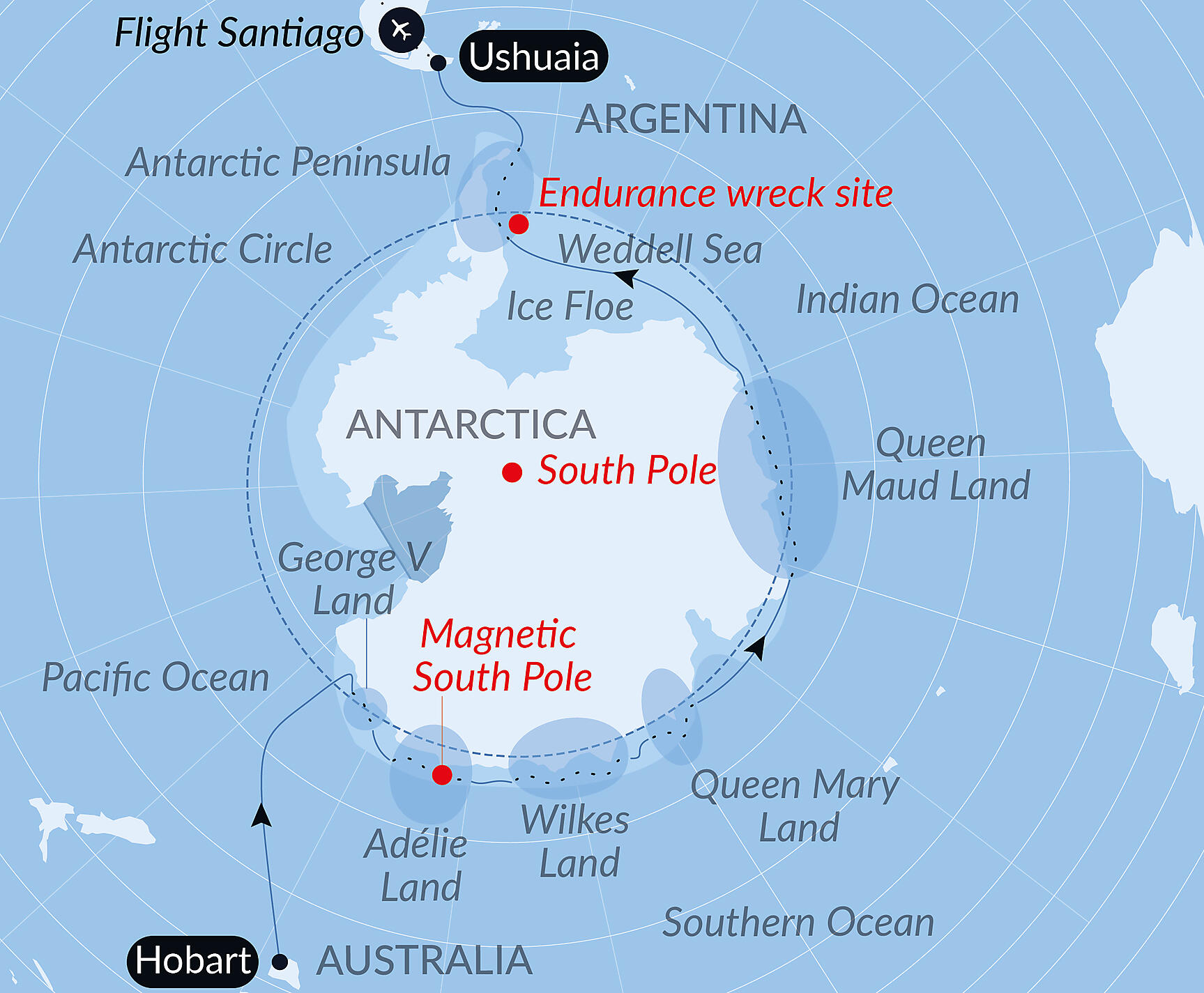 Official PONANT route map for Unexplored Eastern Antarctica between Two Continents aboard Le Commandant Charcot, Voyage CC110229