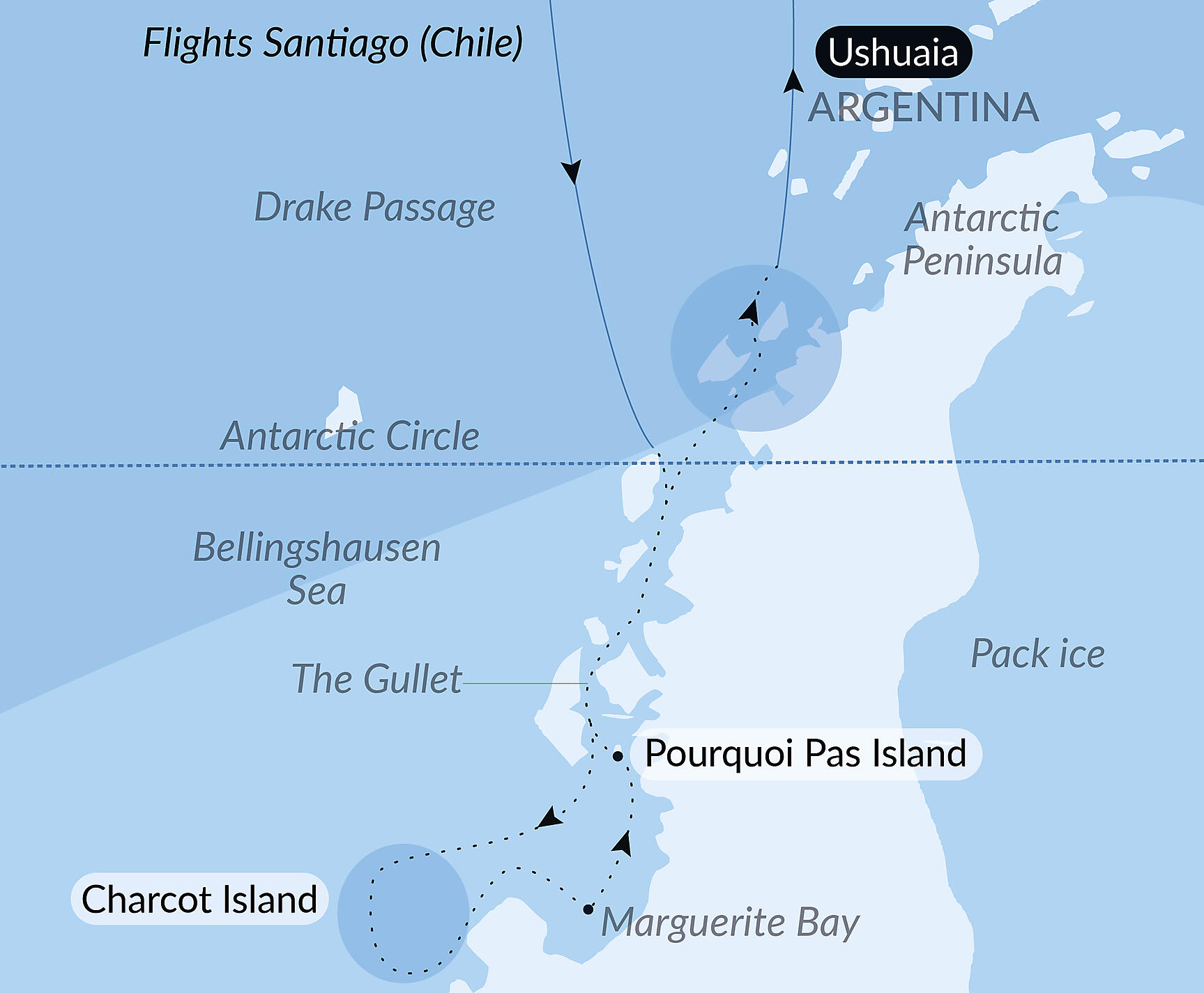 Official PONANT route map for Beyond the Antarctic Circle – In the Wake of Jean-Baptiste Charcot aboard Le Commandant Charcot, Voyage CC281228