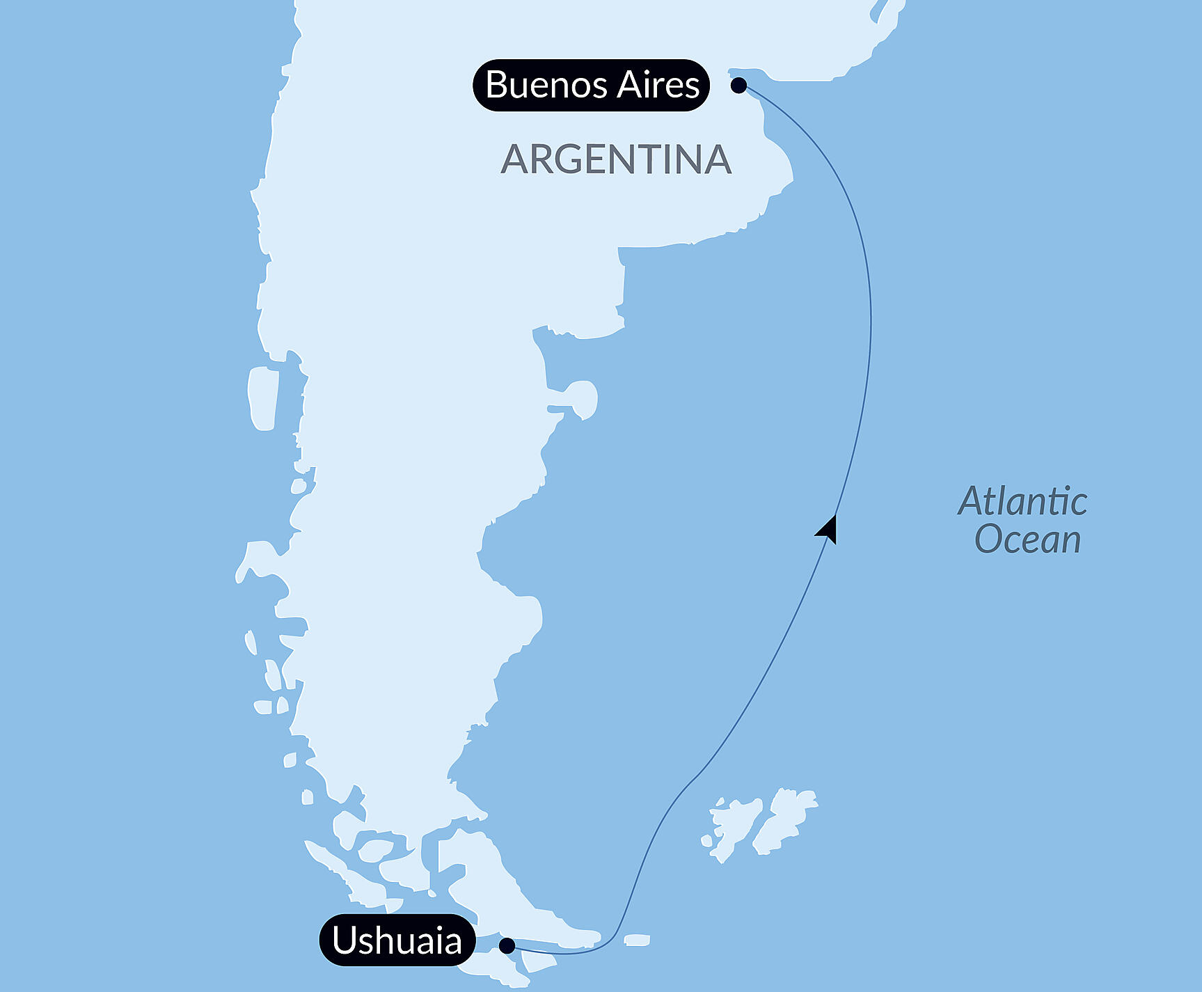 Official PONANT route map for Ocean Voyage: Ushuaia - Buenos Aires aboard Le Lyrial, Voyage LY060329