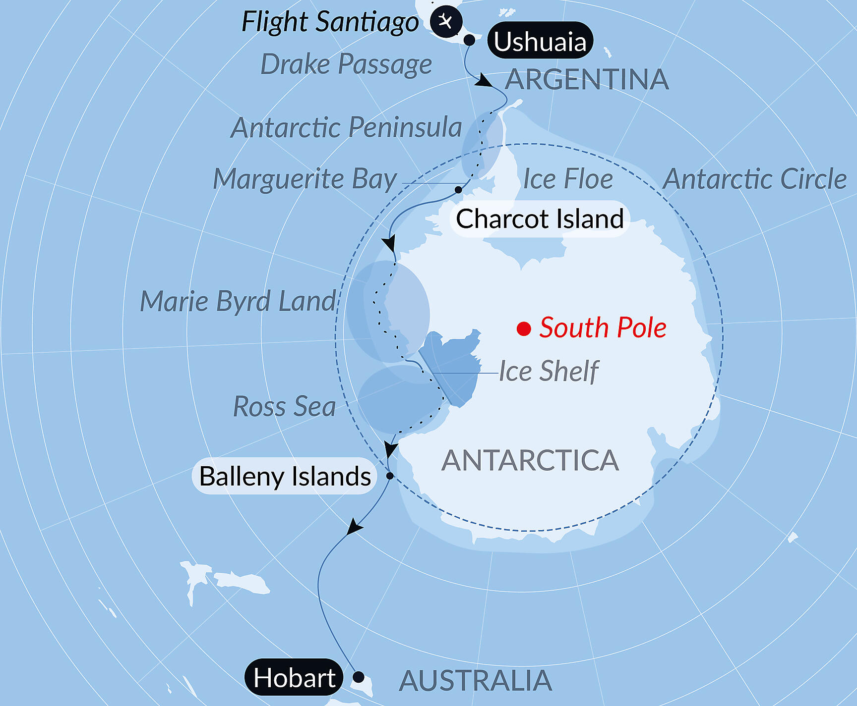 Official PONANT route map for Unexplored Western Antarctica between Two Continents aboard Le Commandant Charcot, Voyage CC110129