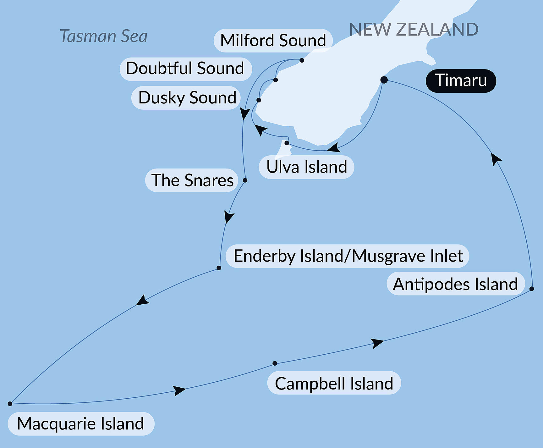 Official PONANT route map for Expedition to New Zealand’s Subantarctic Islands aboard Le Soléal, Voyage SO110129