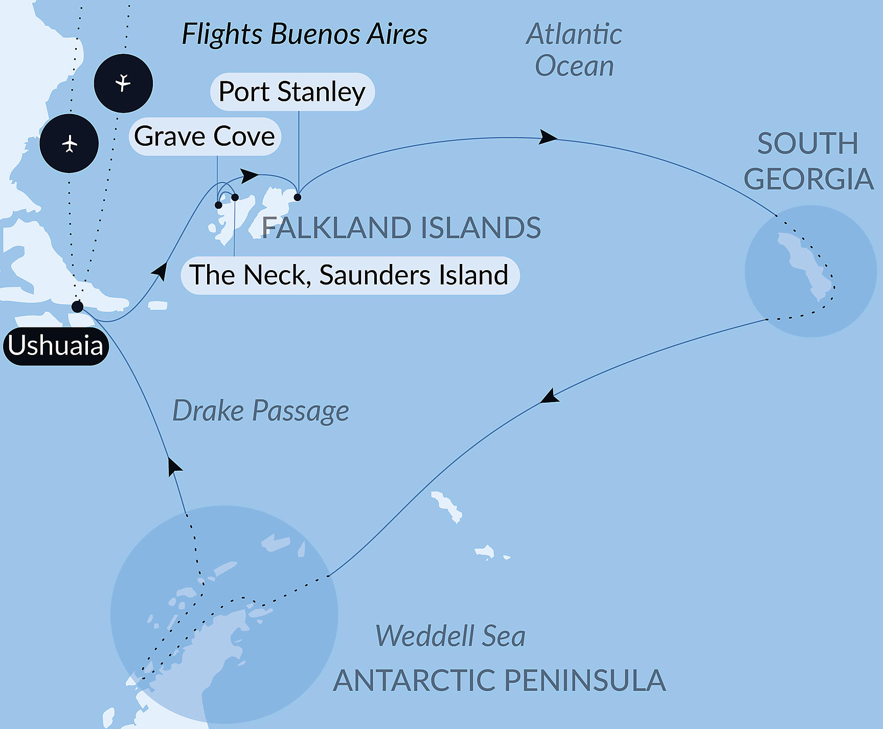 Official PONANT route map for The Great Austral Loop aboard Le Boréal, Voyage BO021128