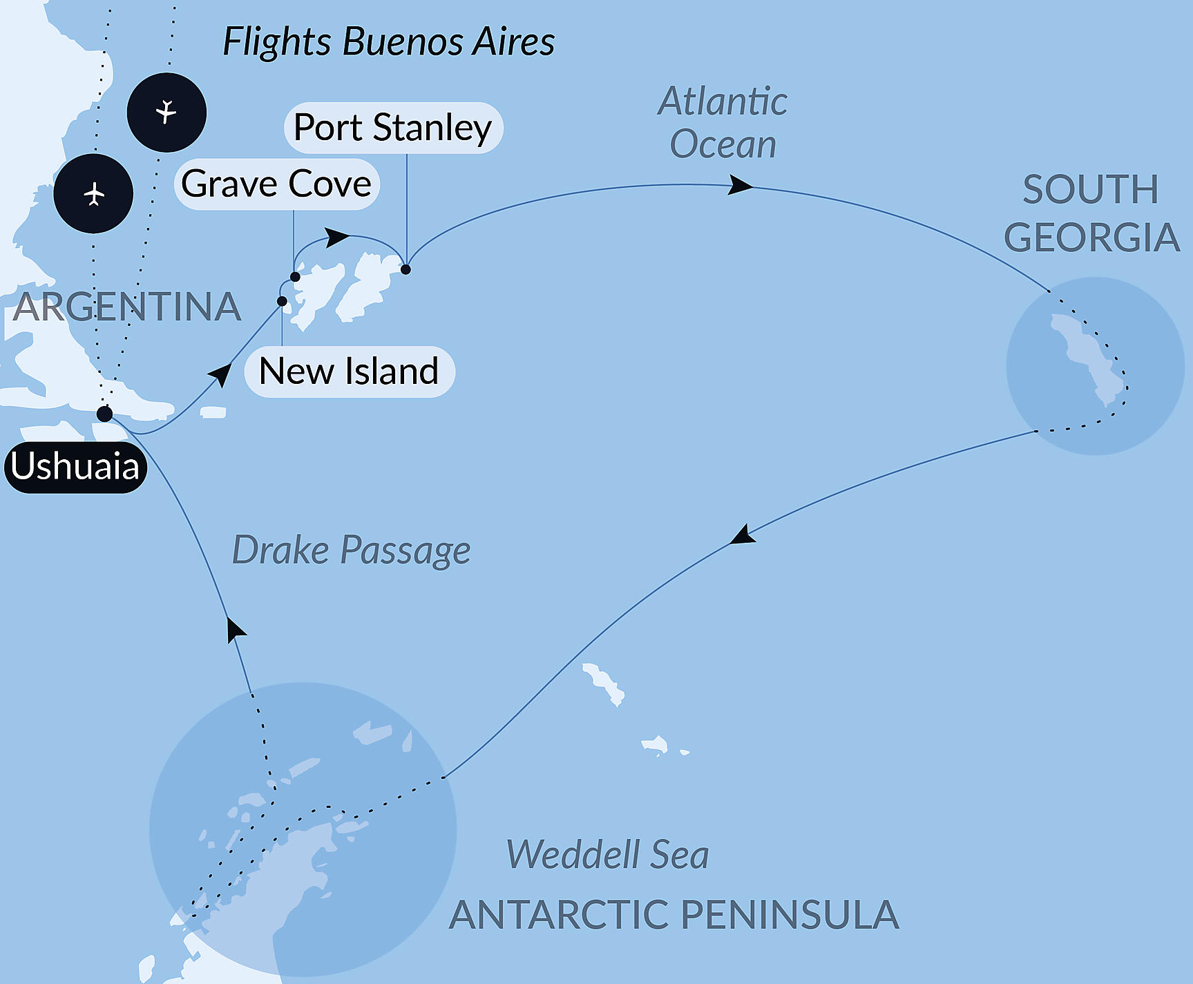 Official PONANT route map for The Great Austral Loop aboard Le Lyrial, Voyage LY151128