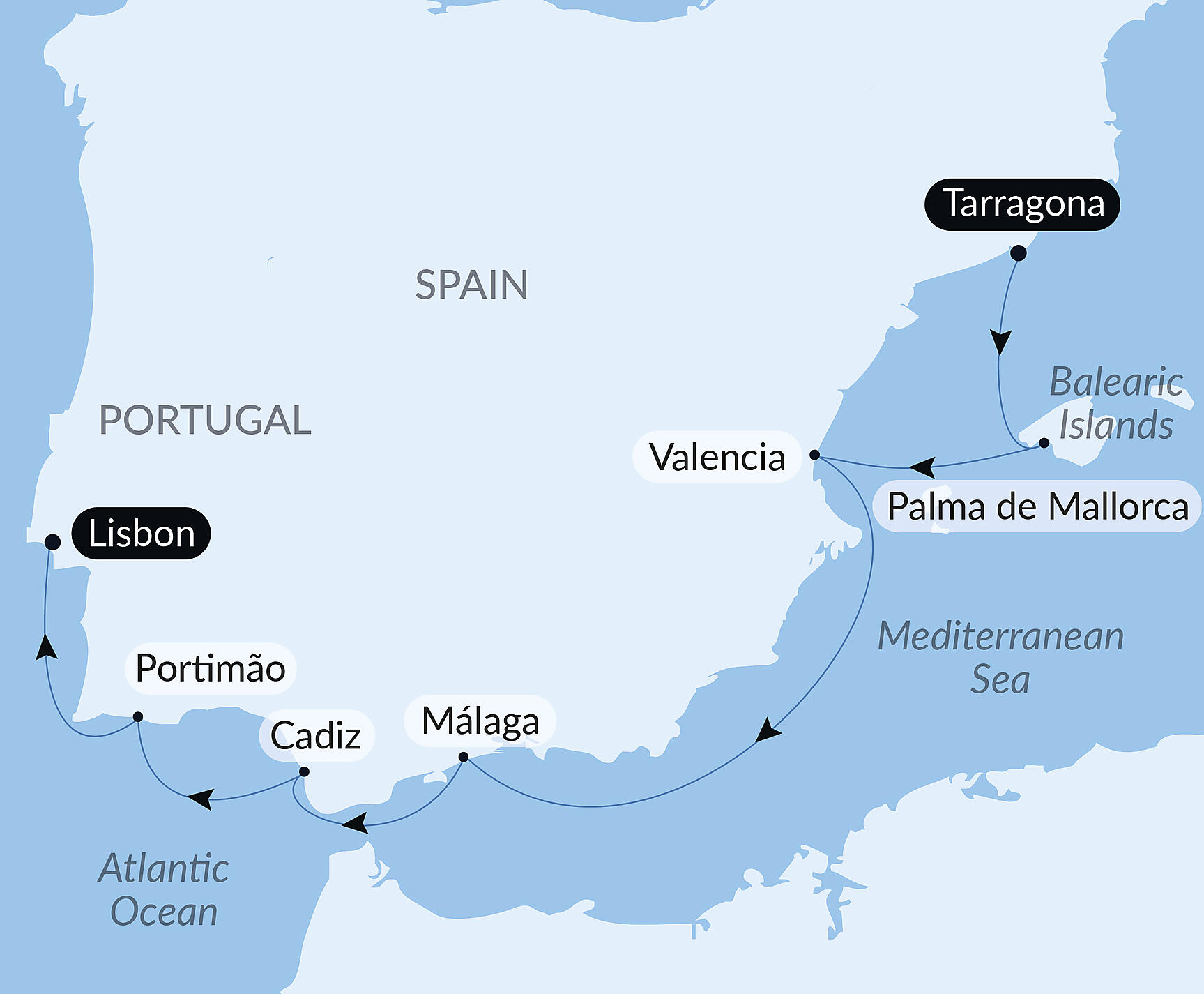 Official PONANT route map for Cruising Southern Spain and Portugal – with Smithsonian Journeys aboard L'Austral, Voyage AU010527