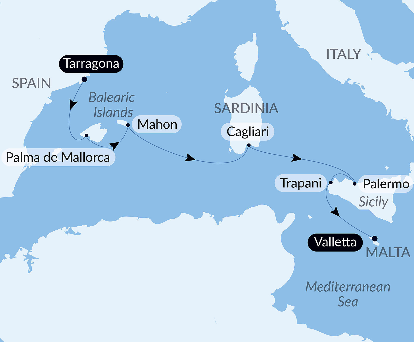 Official PONANT route map for Cruising the Mediterranean: Sicily, Sardinia, and Mallorca – with Smithsonian Journeys aboard Le Bougainville, Voyage EG120827